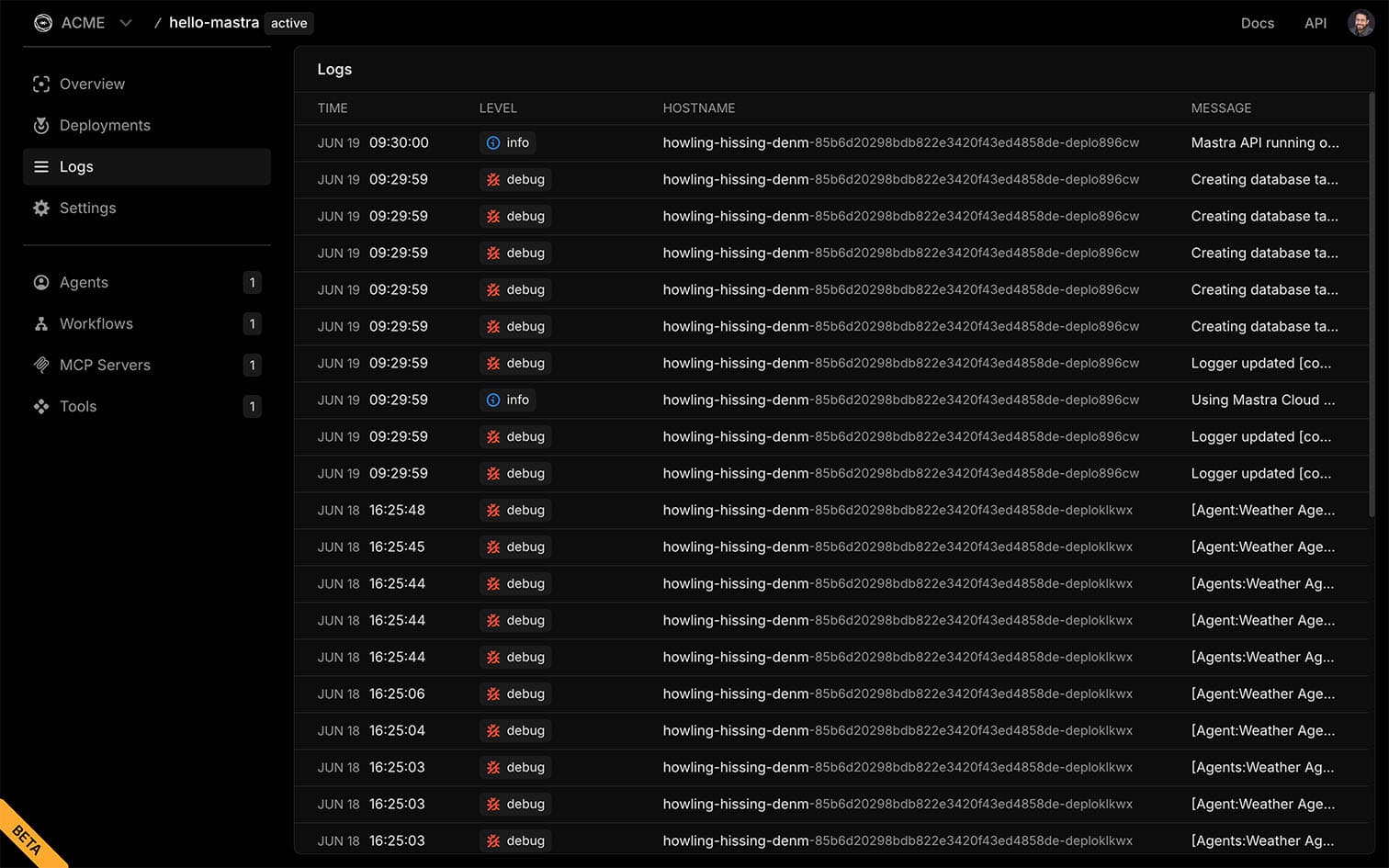 Dashboard logs