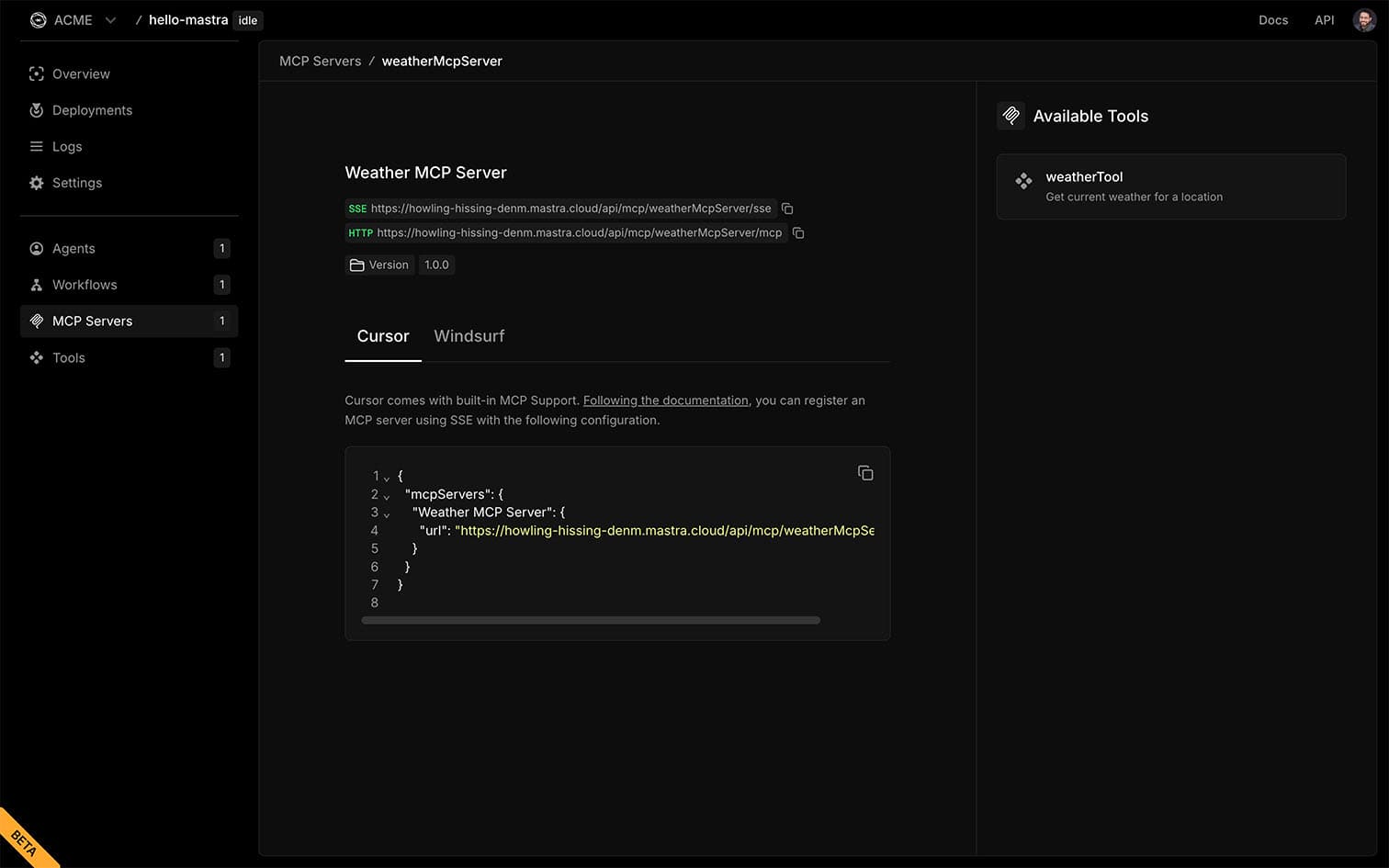 Dashboard playground mcp servers