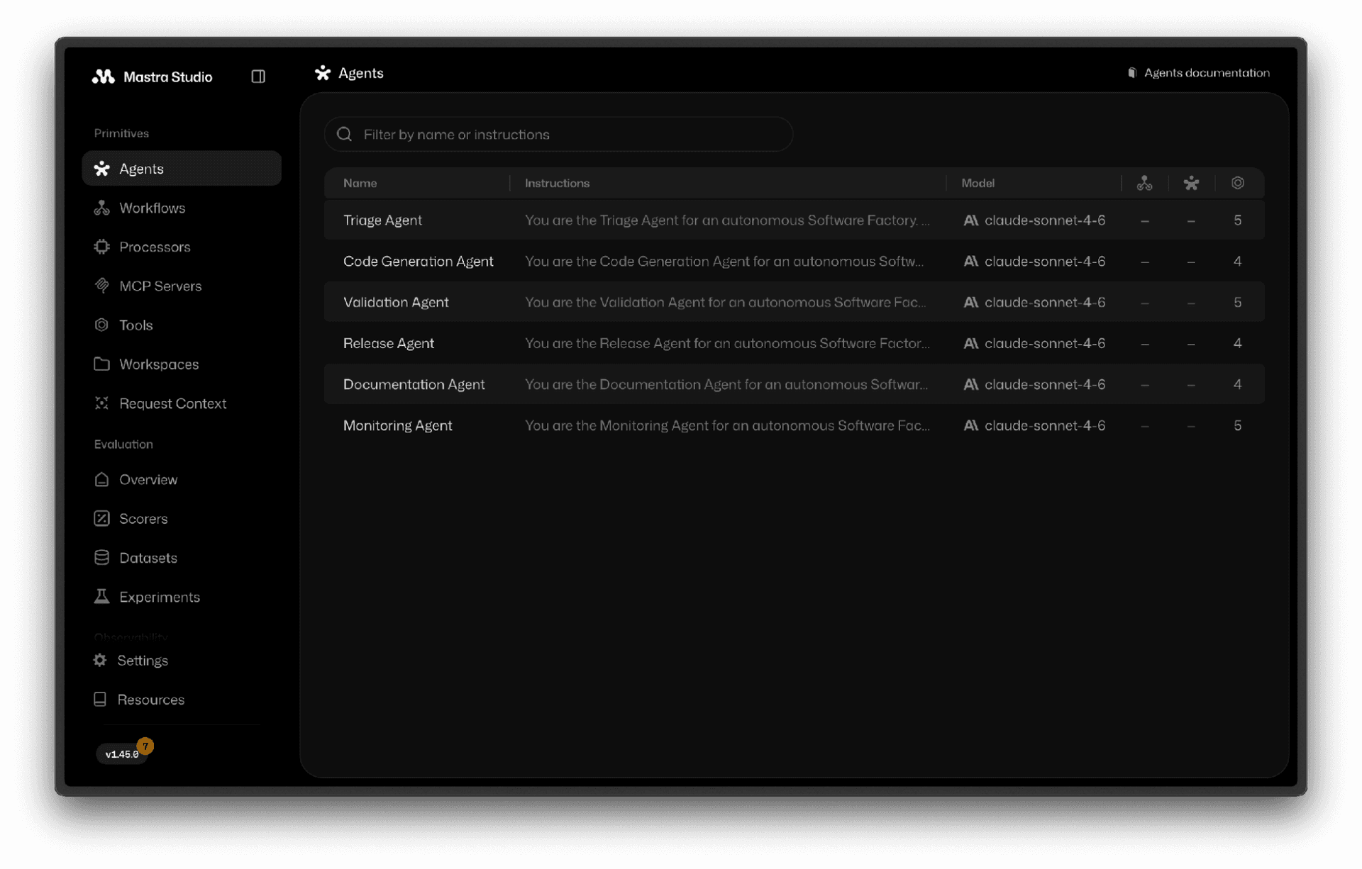 Mastra Studio brings agent definitions, workflow graphs, and run traces into a single view during local development.