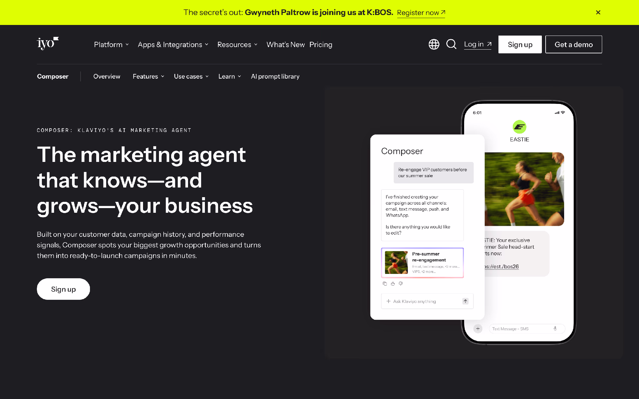 Klaviyo Composer: AI marketing agent for ecommerce email and SMS campaigns.