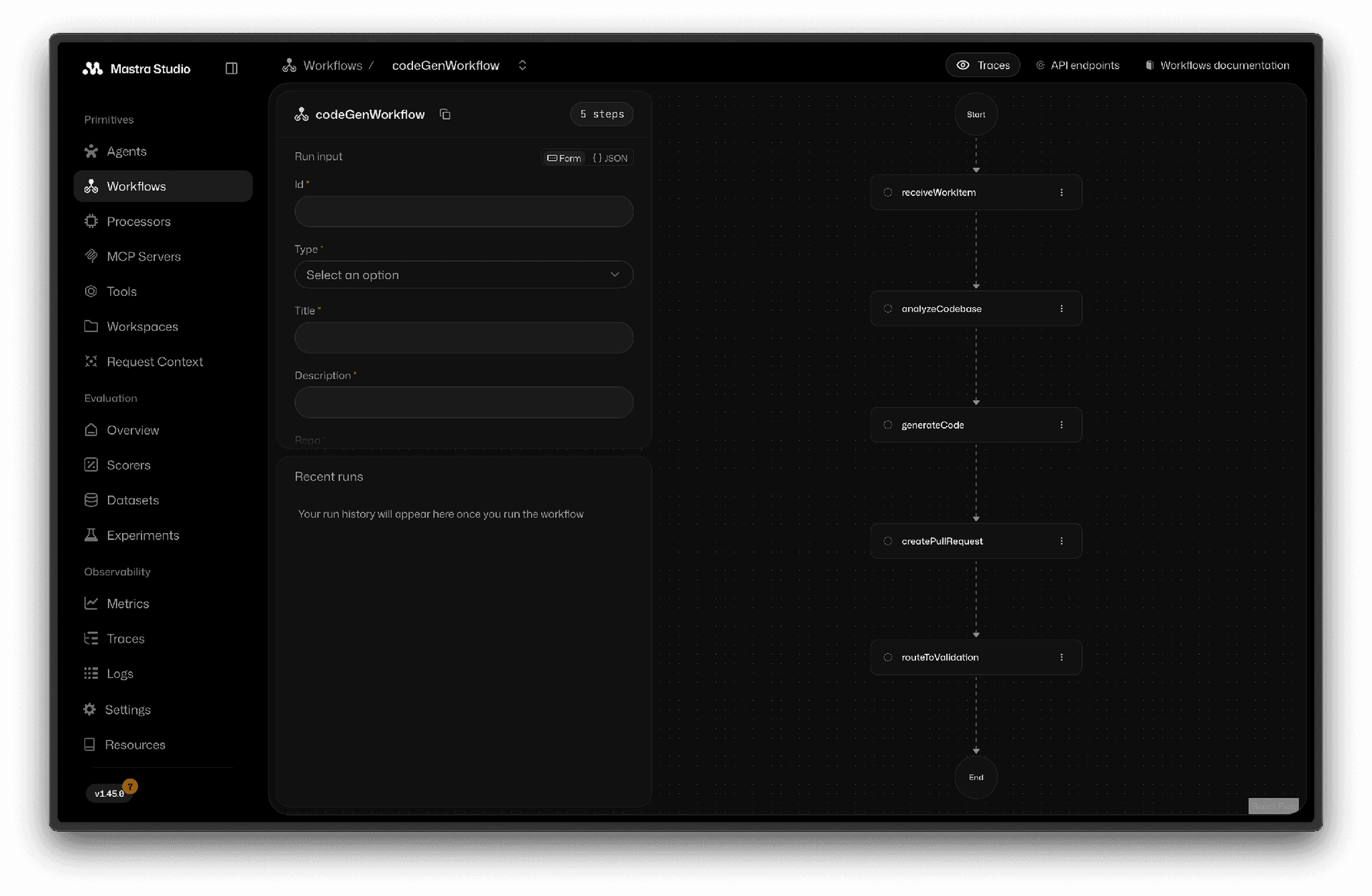 Mastra Studio workflow view: a workflow definition showing each step in the pipeline, from receiving a work item to opening a pull request.