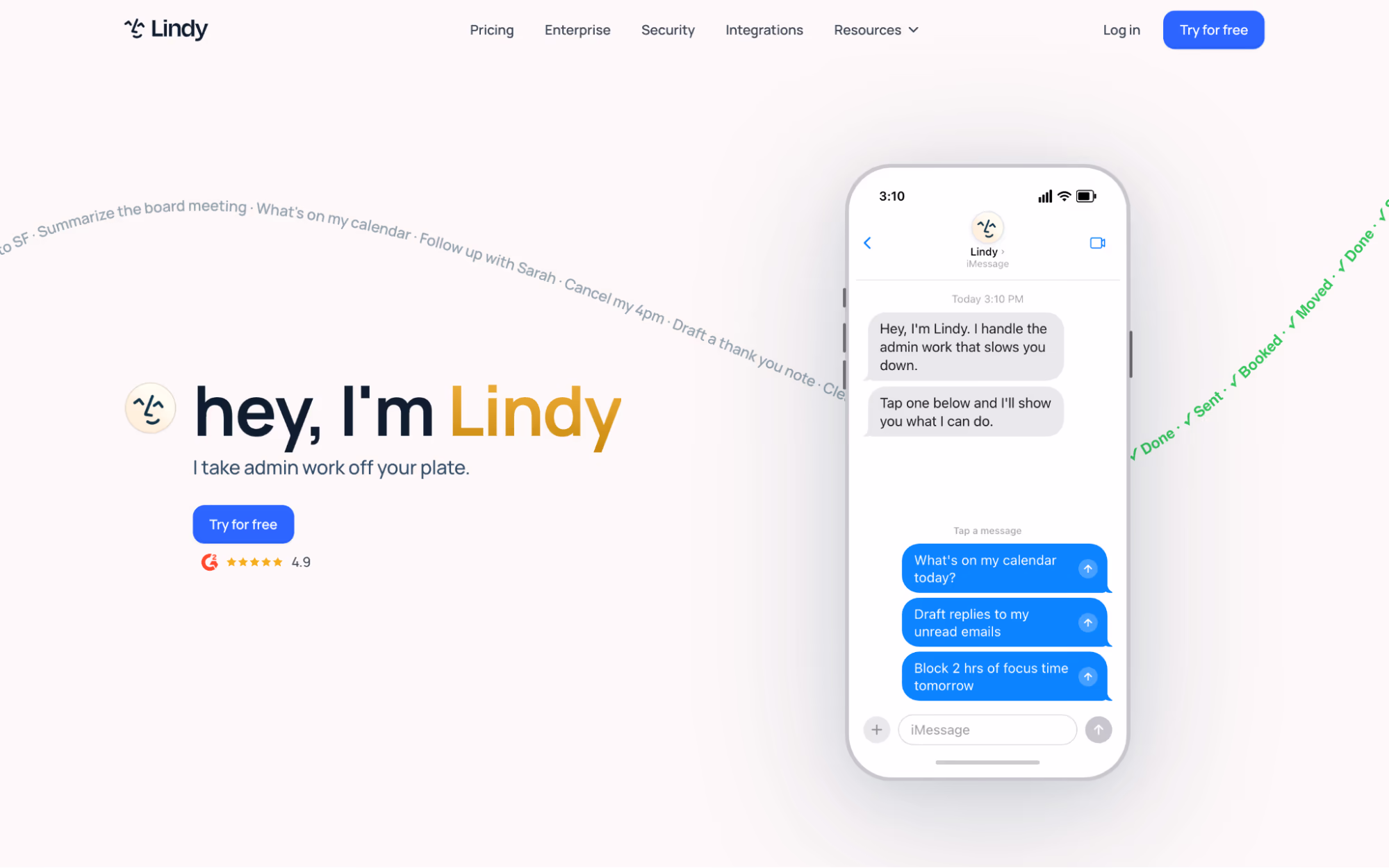 Lindy home page headed "hey, I'm Lindy" with a phone mockup showing an iMessage conversation offering to check the calendar, draft email replies and block focus time