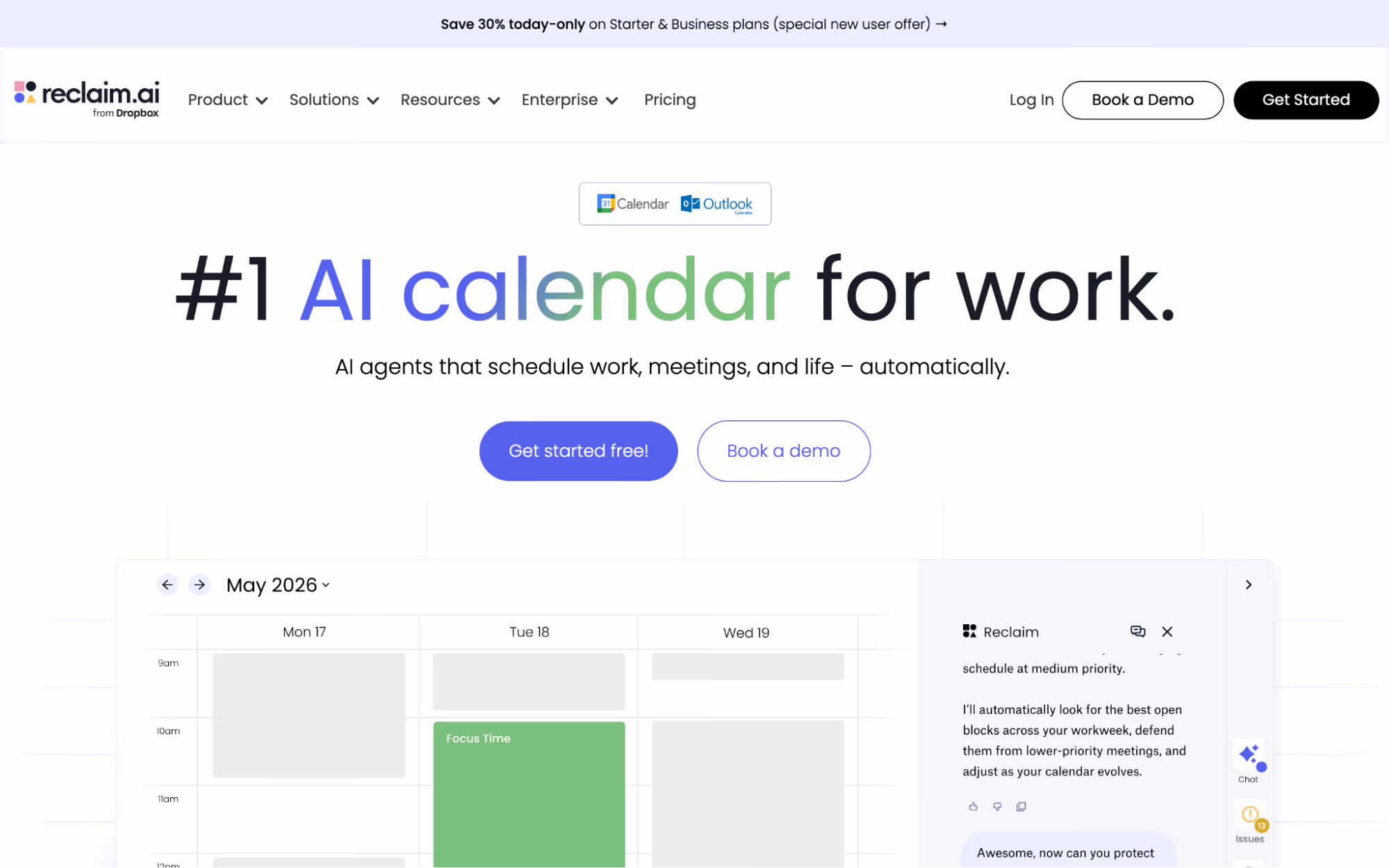 Reclaim.ai home page headed "#1 AI calendar for work" with a week calendar view showing a Focus Time block and the Reclaim chat panel