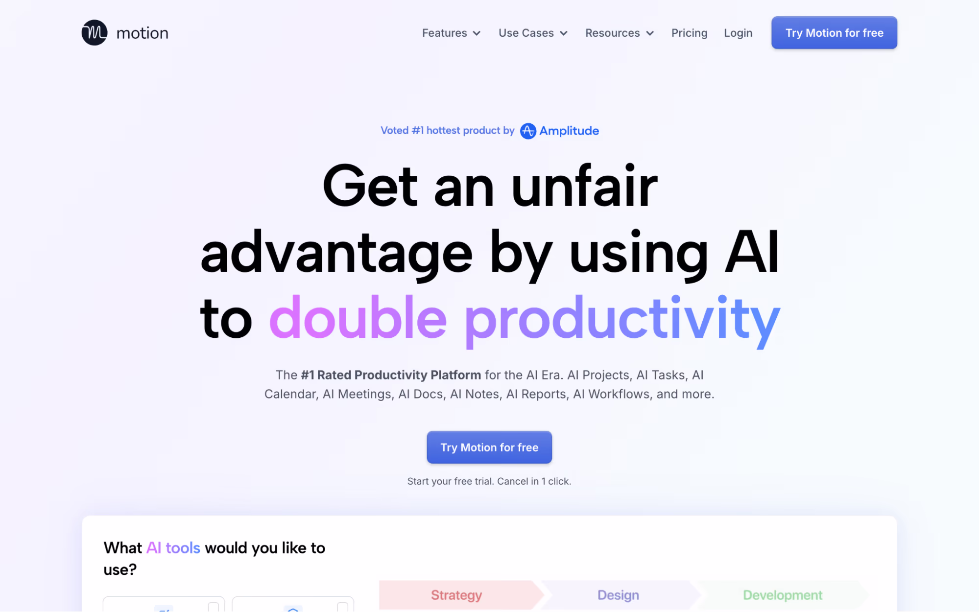 Motion home page headed "Get an unfair advantage by using AI to double productivity"