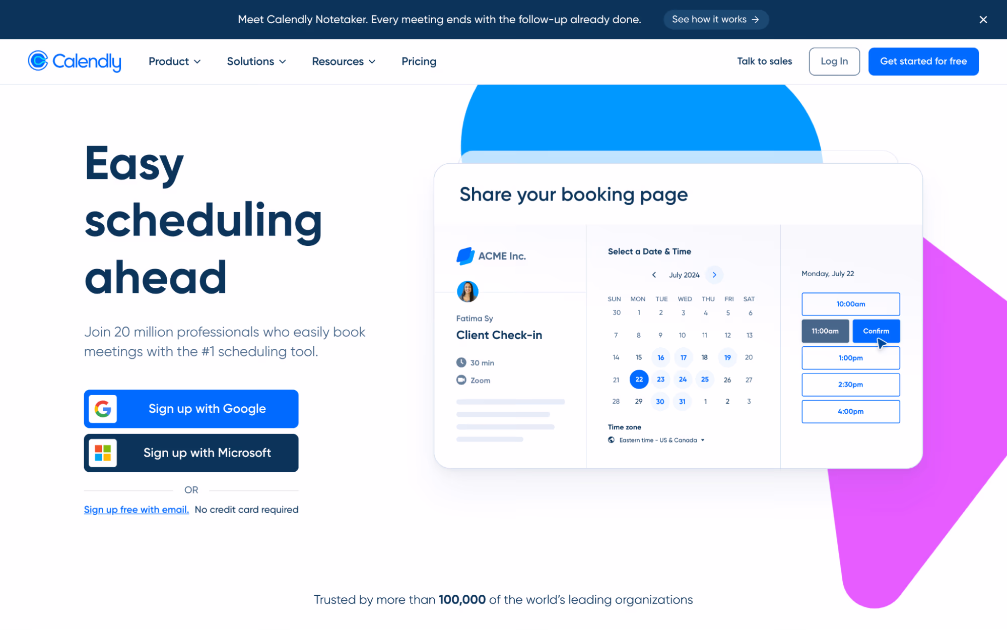 Calendly home page headed "Easy scheduling ahead" with a booking page mockup showing date, time and time-zone selection