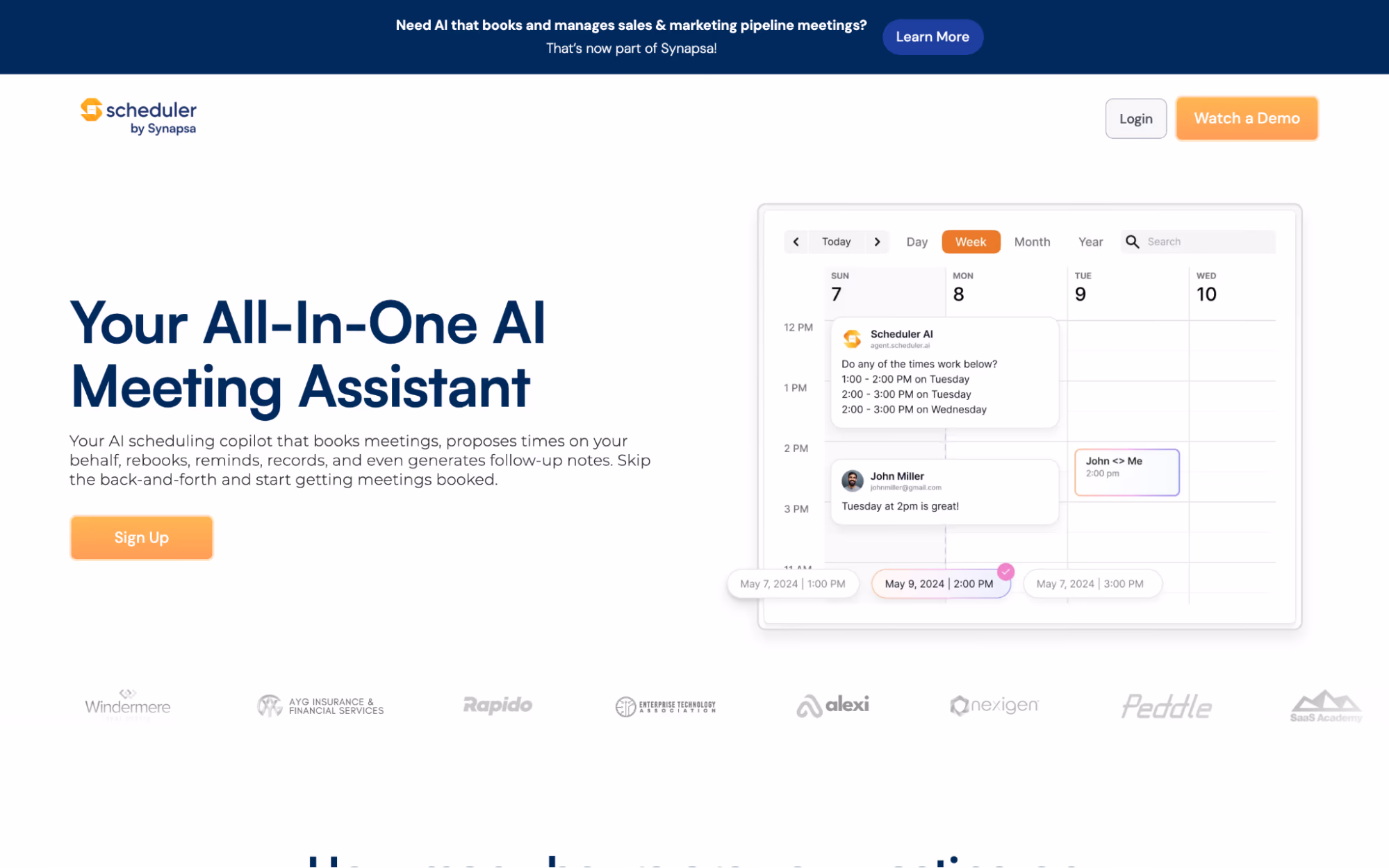 Scheduler AI home page headed "Your All-In-One AI Meeting Assistant" with a week calendar showing the assistant proposing times and an invitee replying