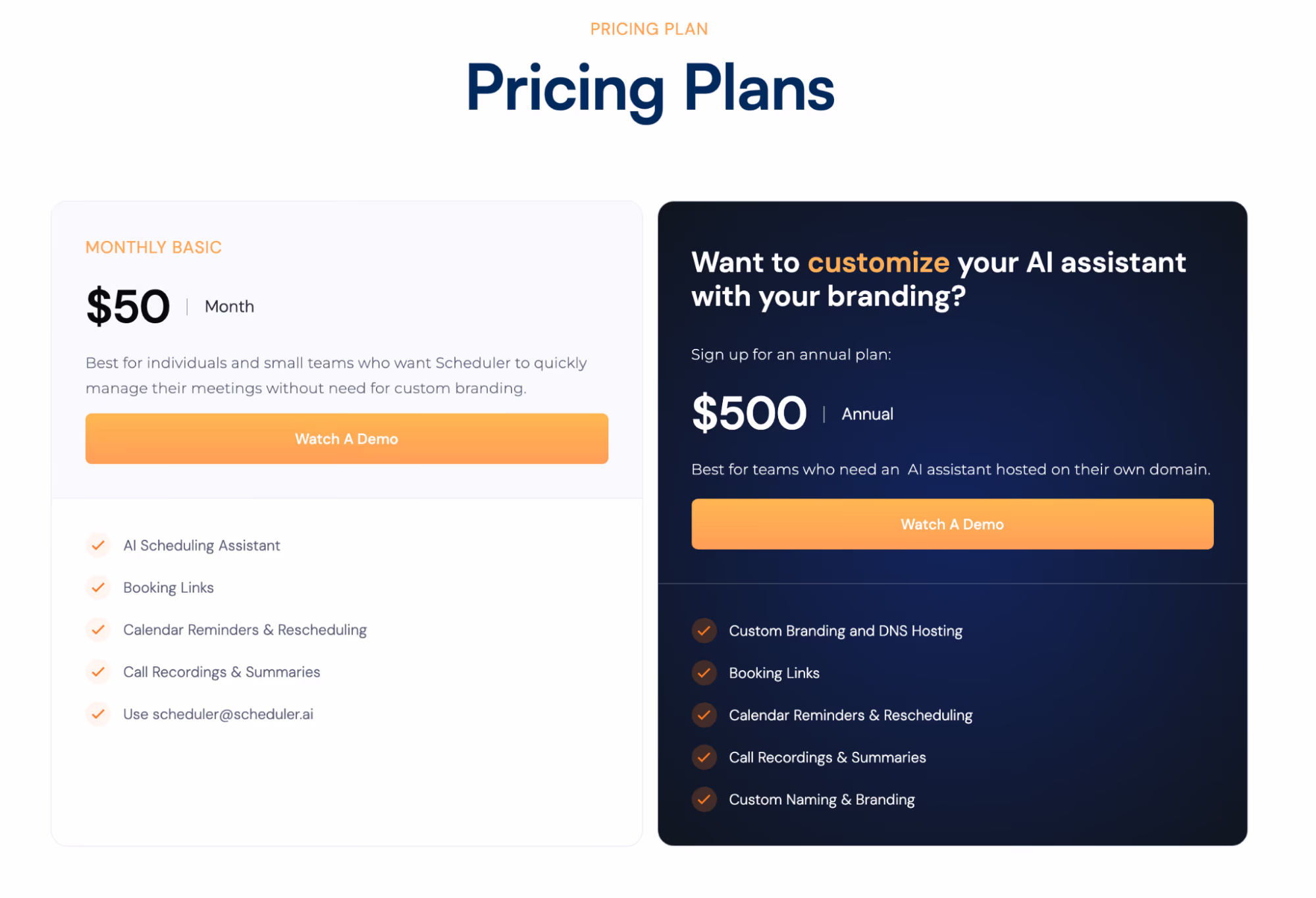 Scheduler AI pricing: Monthly Basic at $50 per month and a $500 annual plan for a branded assistant hosted on your own domain
