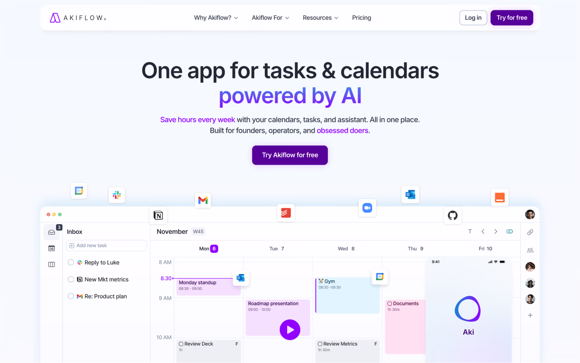Akiflow home page headed "One app for tasks & calendars powered by AI" with a universal inbox beside a week calendar view