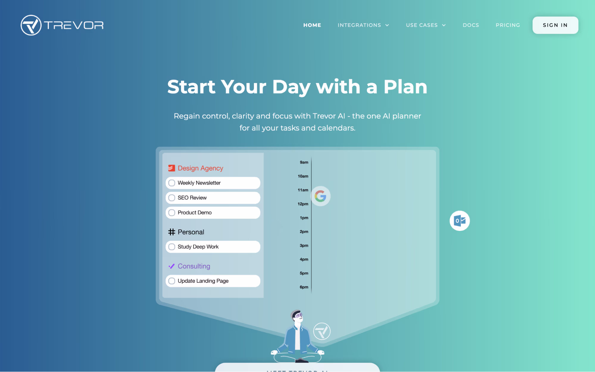 Trevor AI home page headed "Start Your Day with a Plan" showing task lists beside a day timeline with Google and Outlook calendar icons