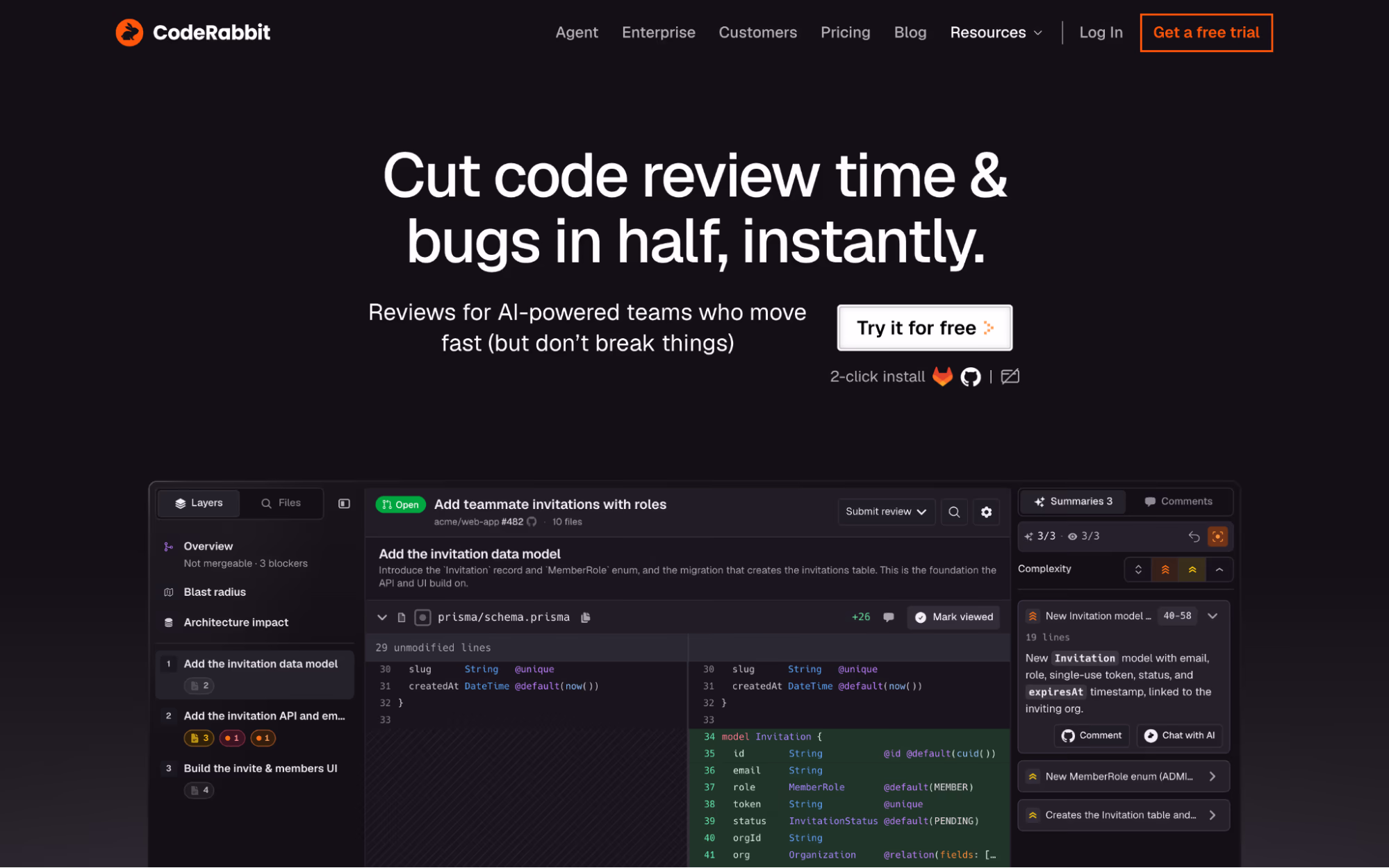 CodeRabbit home page headed "Cut code review time & bugs in half, instantly" with a pull request review view showing a walkthrough, a file diff and inline summaries