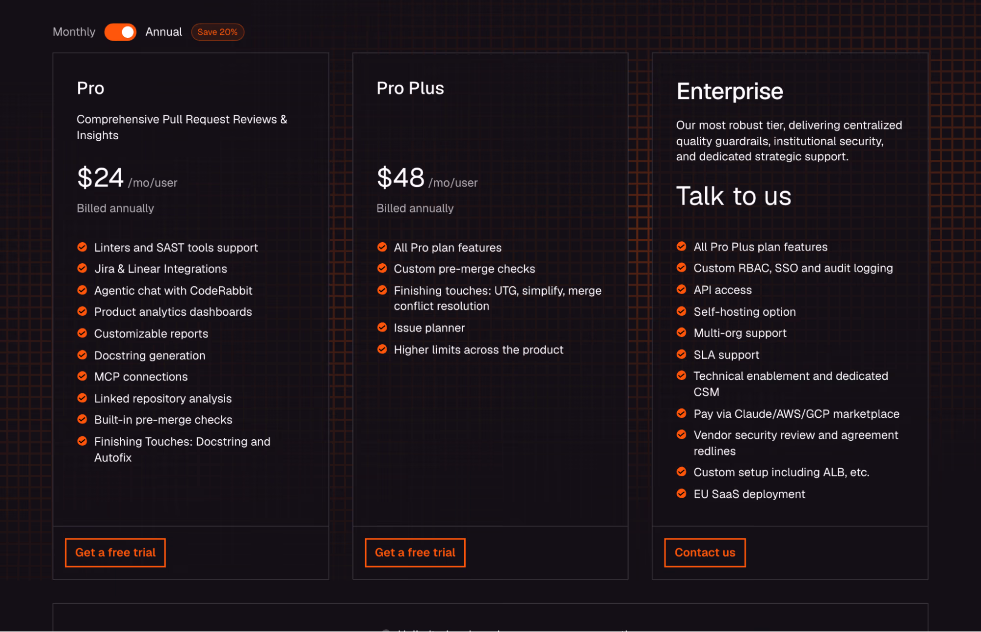 CodeRabbit pricing tiers billed annually: Pro at $24 and Pro Plus at $48 per user per month plus an Enterprise tier, listing review, integration and self-hosting features
