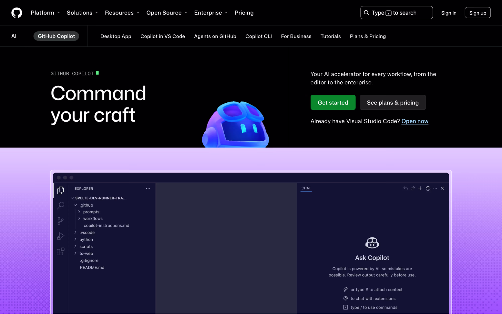 GitHub Copilot product page headed "Command your craft" with a VS Code window showing the Copilot chat panel