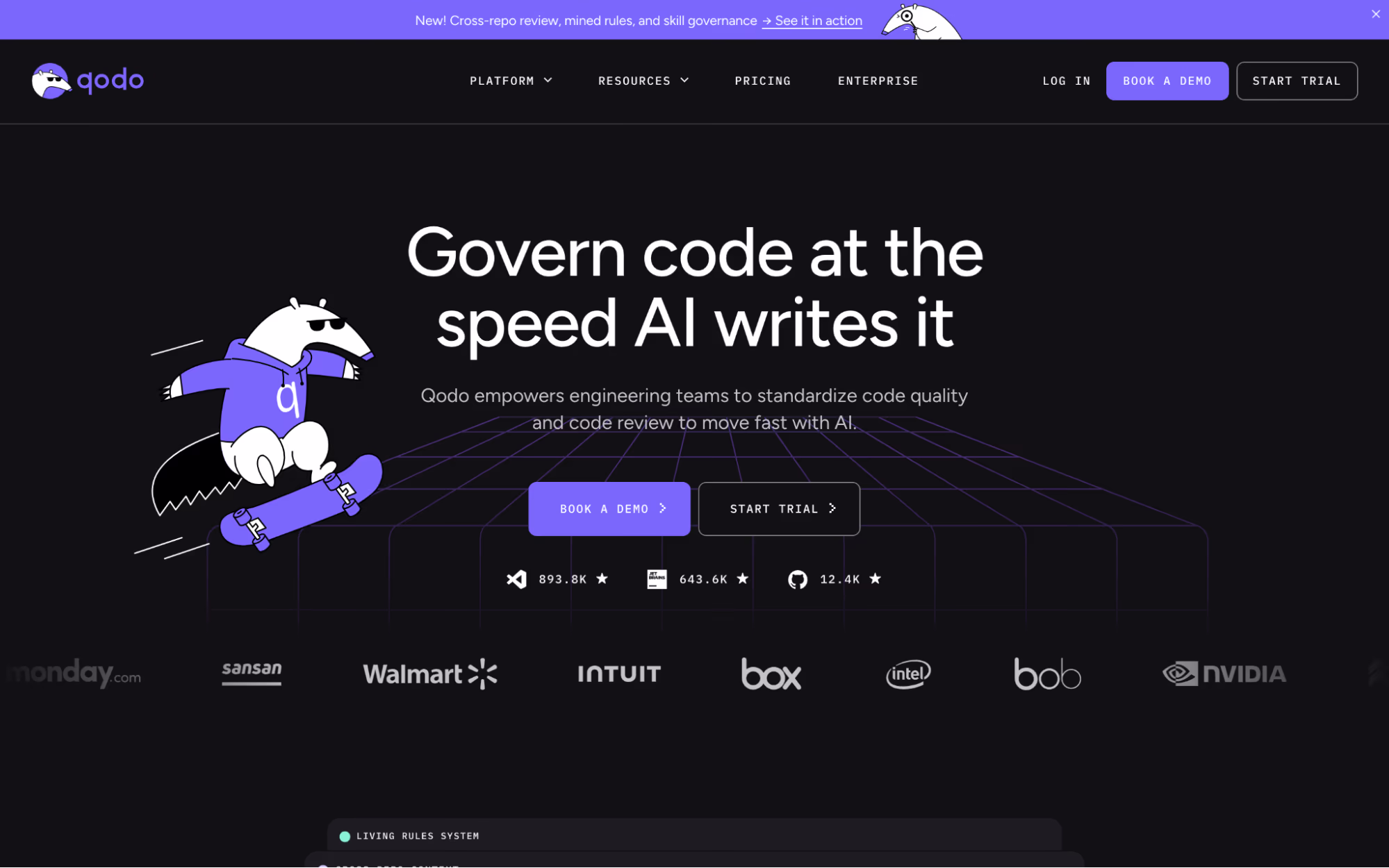 Qodo home page headed "Govern code at the speed AI writes it" with the Qodo mascot and customer logos