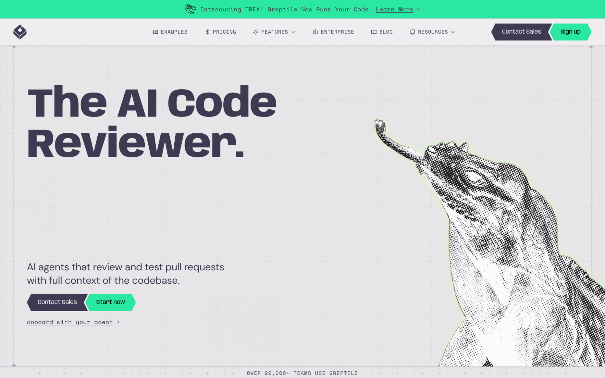 Greptile home page headed "The AI Code Reviewer." with a halftone lizard illustration