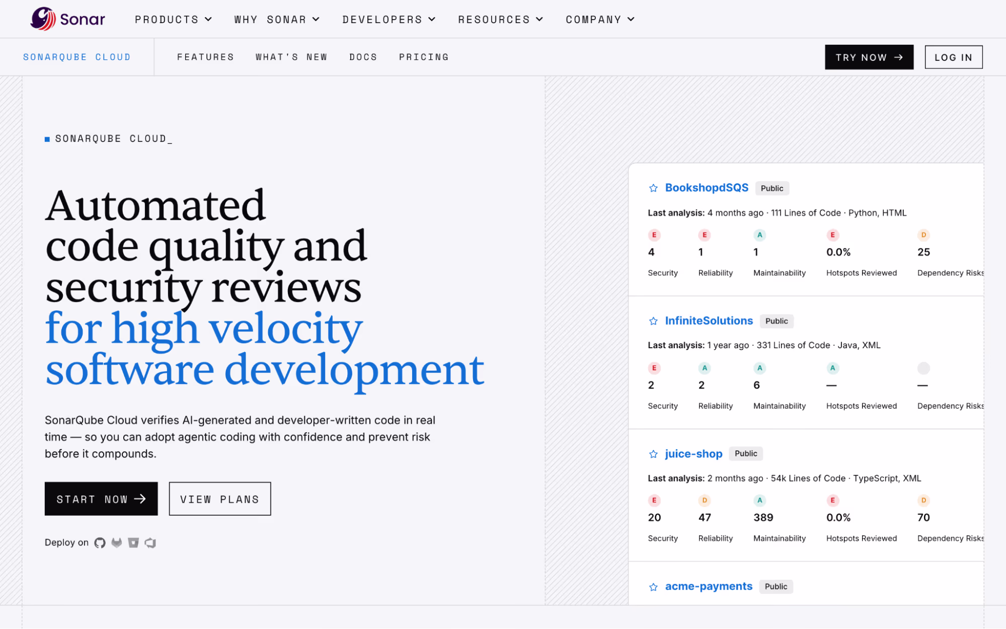 SonarQube Cloud page headed "Automated code quality and security reviews for high velocity software development" with a project list showing security, reliability and maintainability ratings