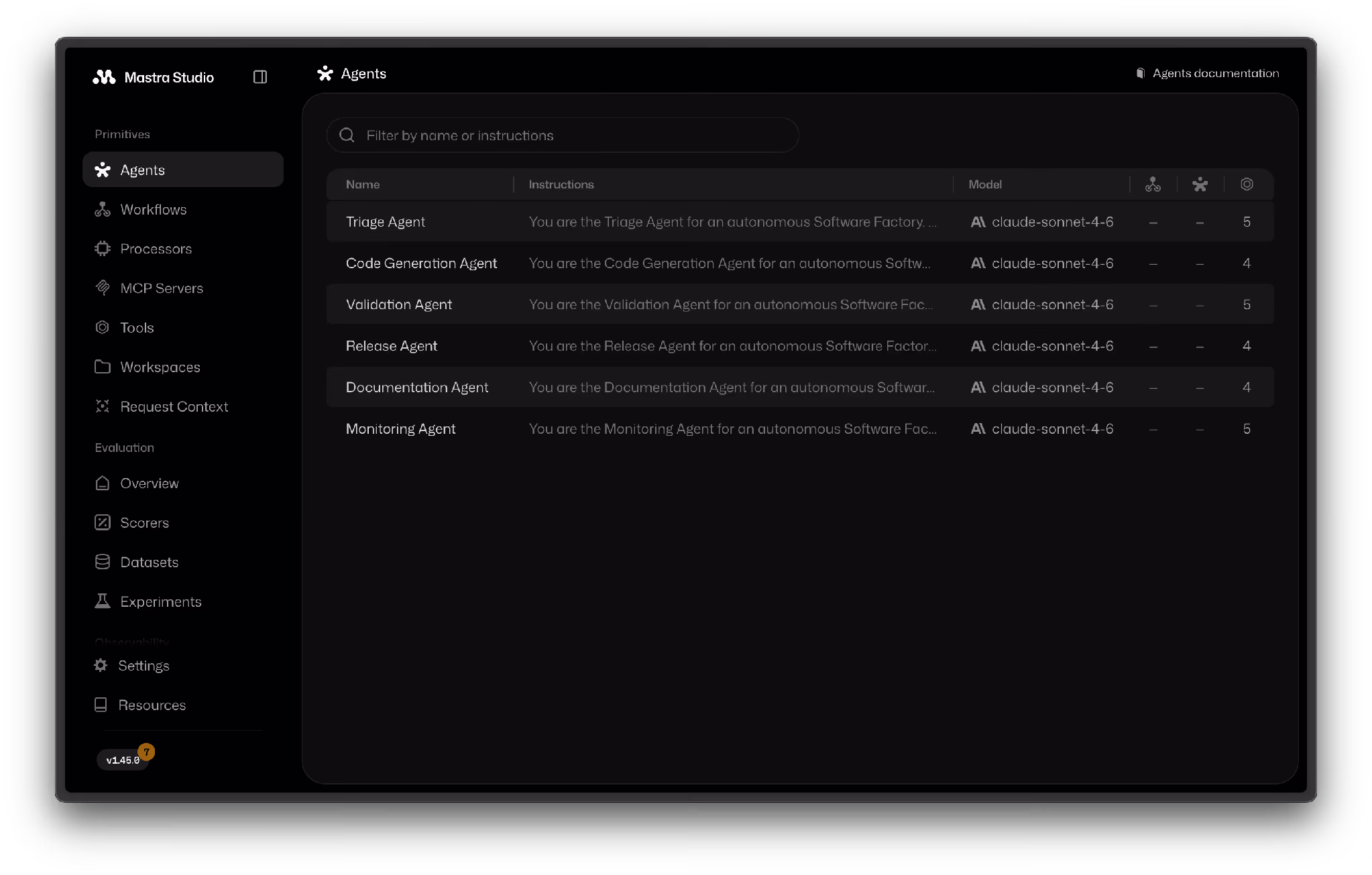Mastra Studio's agents view, one layer up from the traces and eval runs each agent produces.