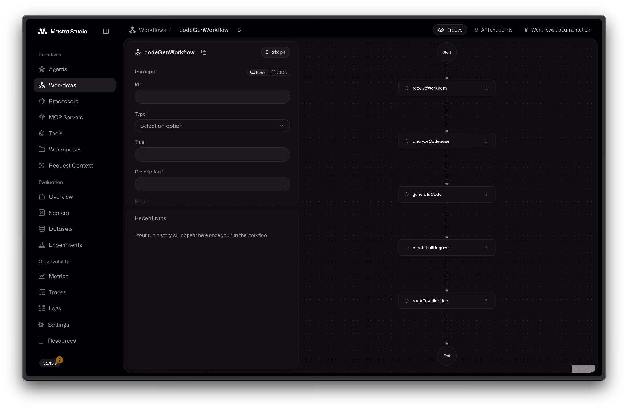 A generation workflow visualized in Mastra Studio, where each step in the pipeline is inspectable during development.