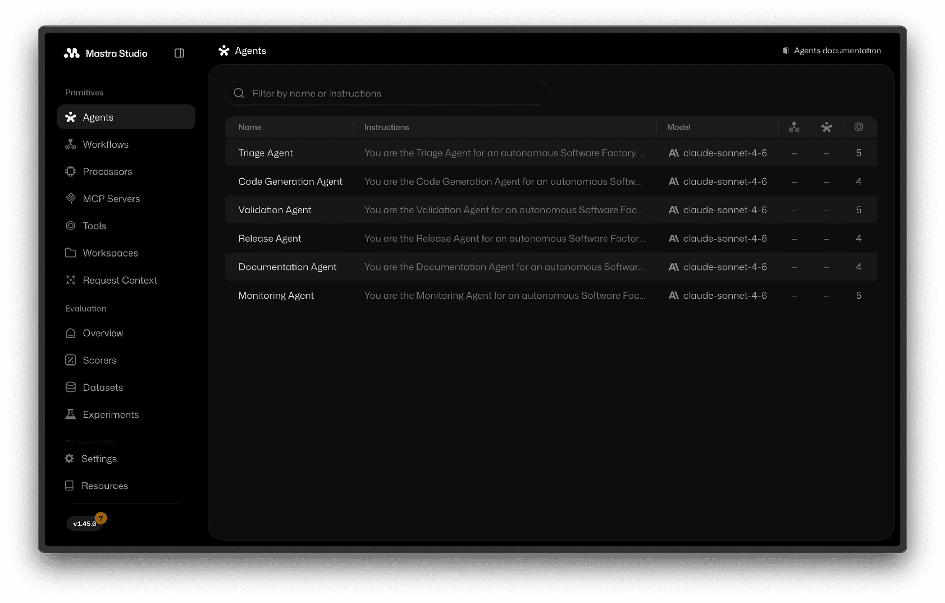 Studio interface: inspect and manage your agents from a local development view that shows each agent’s tools, status, and workflow connections.