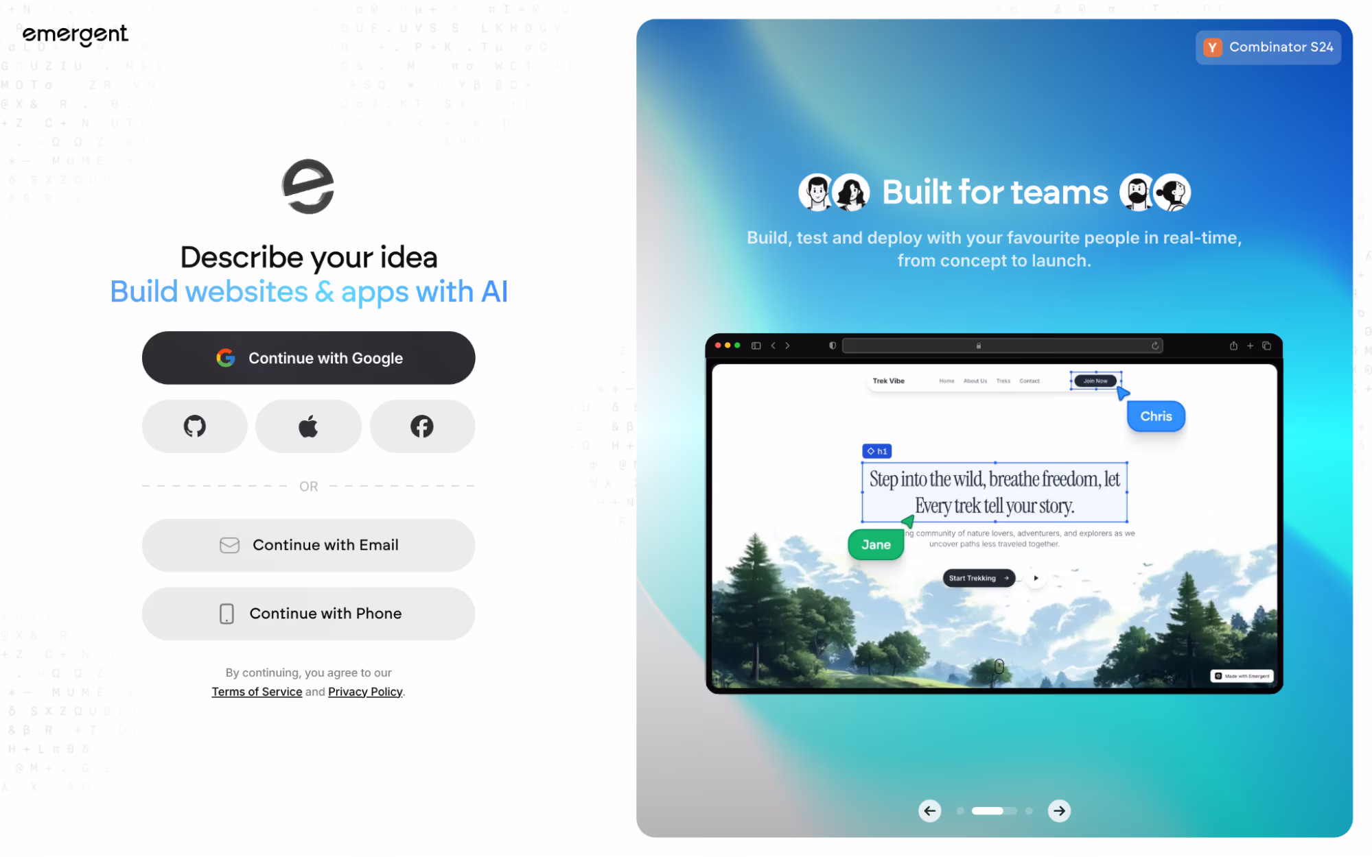 Emergent sign-up screen with a "Describe your idea" prompt, Google, GitHub, Apple, Facebook, email and phone sign-in options, and a "Built for teams" panel showing a generated site being edited collaboratively