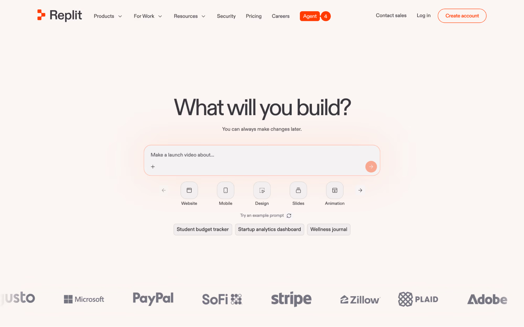 Replit home page headed "What will you build?" with a prompt box and Website, Mobile, Design, Slides and Animation shortcuts