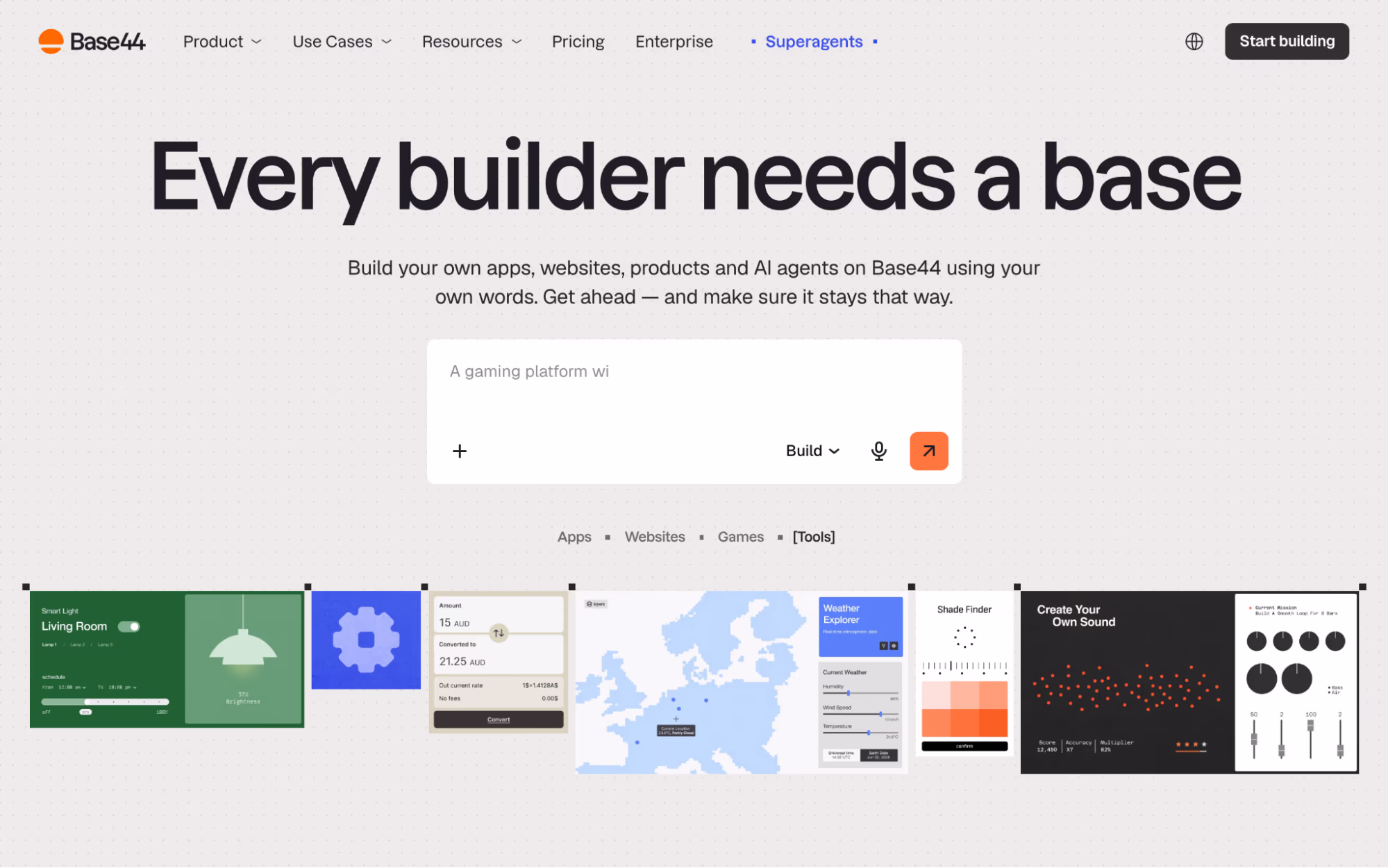 Base44 home page headed "Every builder needs a base" with a prompt box and a strip of example generated apps