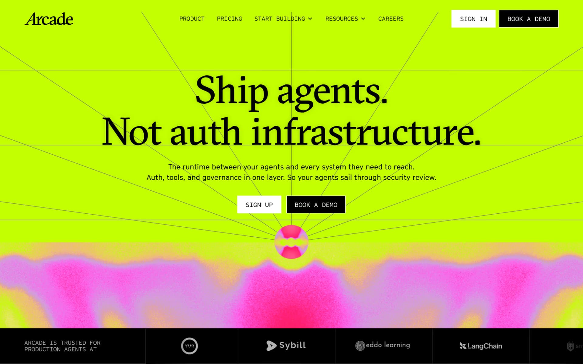 Arcade home page headed "Ship agents. Not auth infrastructure." on a lime background, with logos of teams running Arcade in production