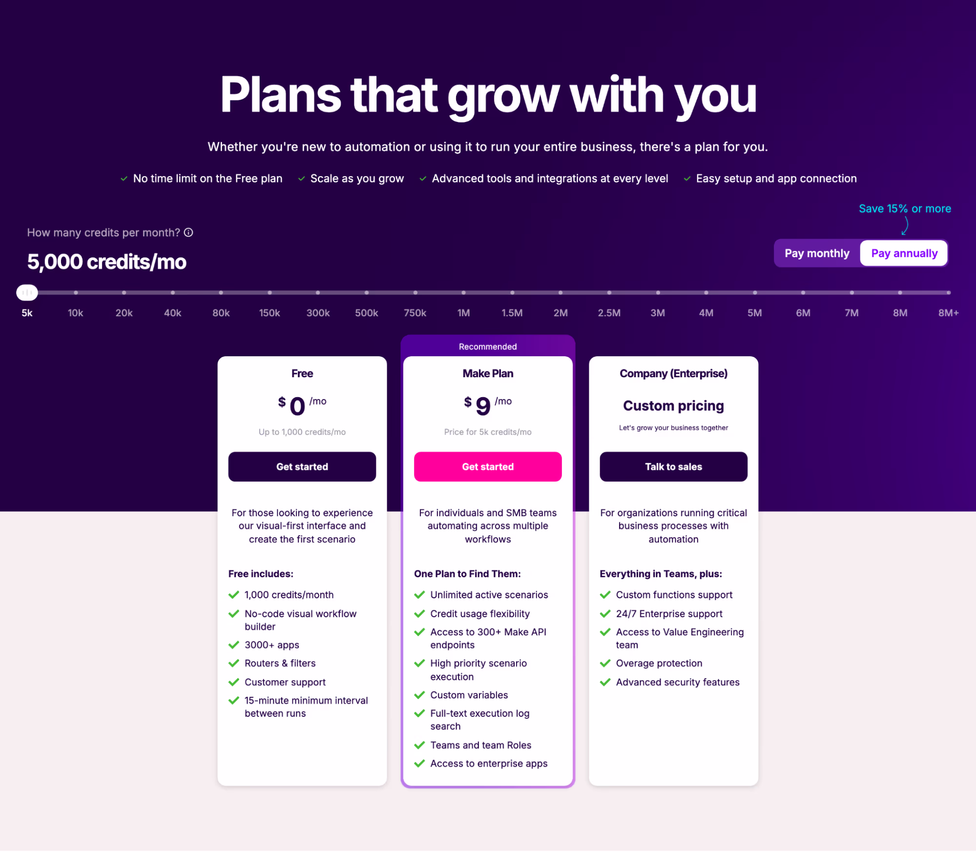 Make pricing page with a credits-per-month slider set to 5,000 credits and Free, Make Plan at $9 per month and Company (Enterprise) tiers