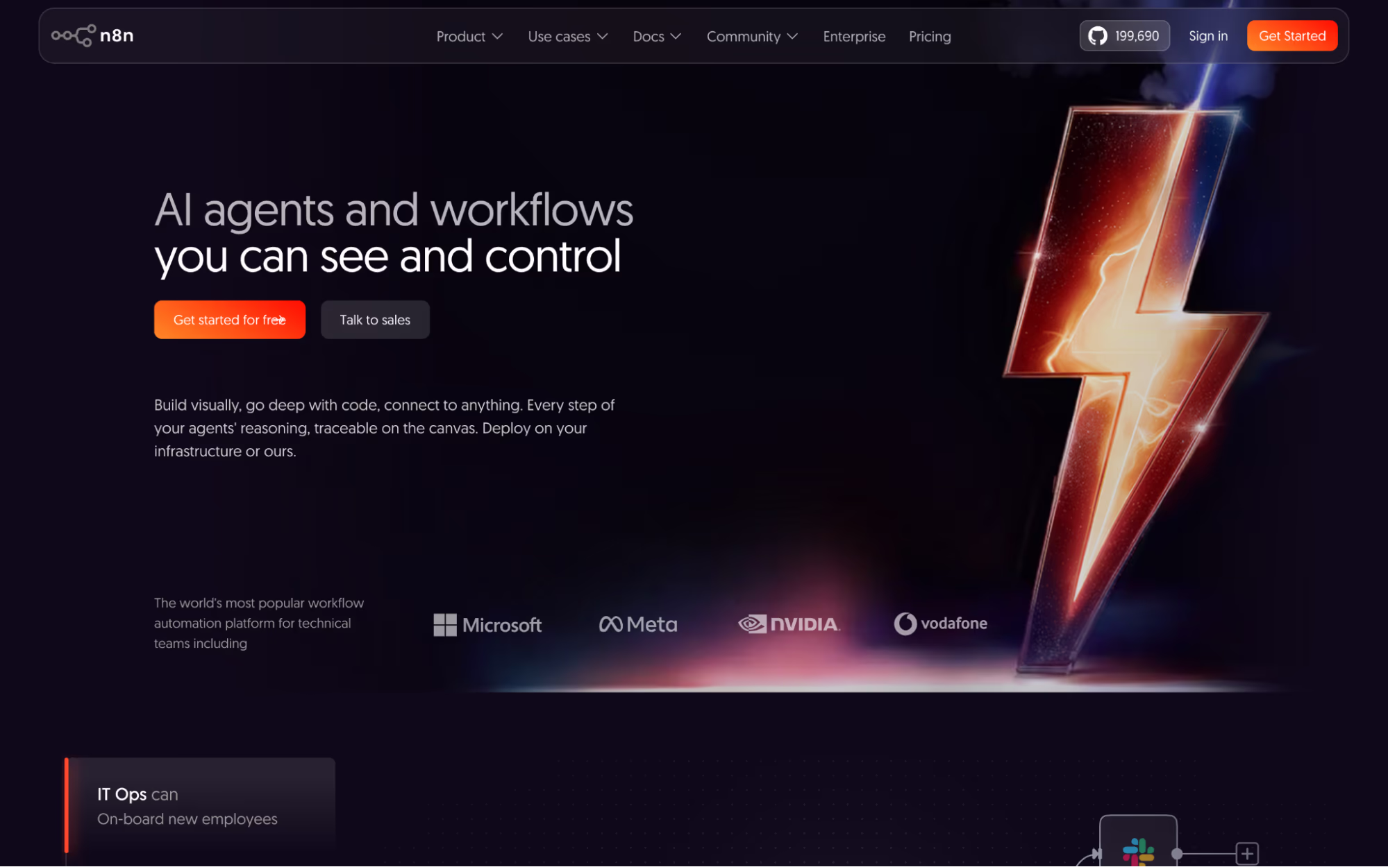 n8n home page headed "AI agents and workflows you can see and control" with a lightning bolt illustration and customer logos