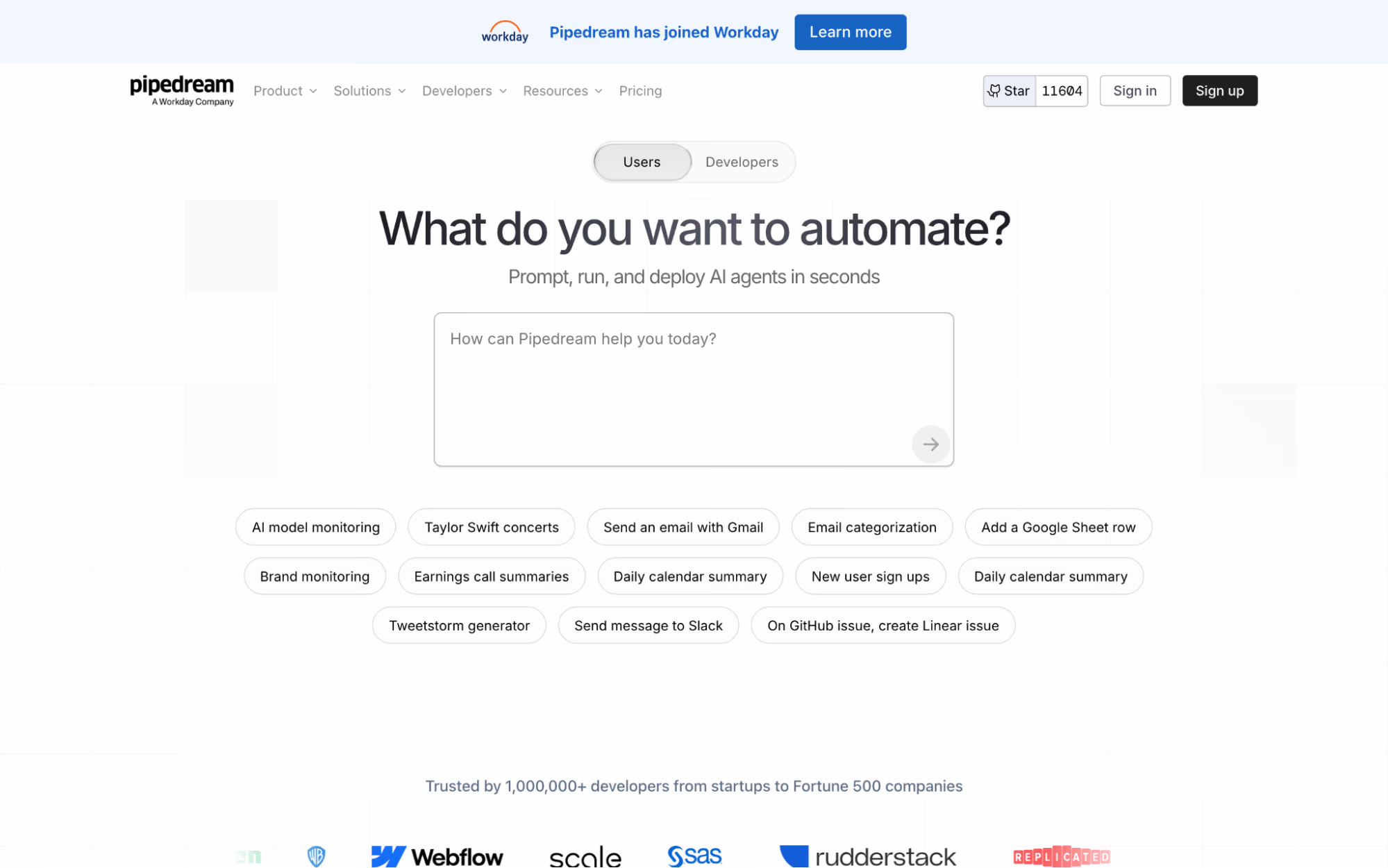 Pipedream home page headed "What do you want to automate?" with a prompt box and example automation chips, under a banner announcing Pipedream has joined Workday