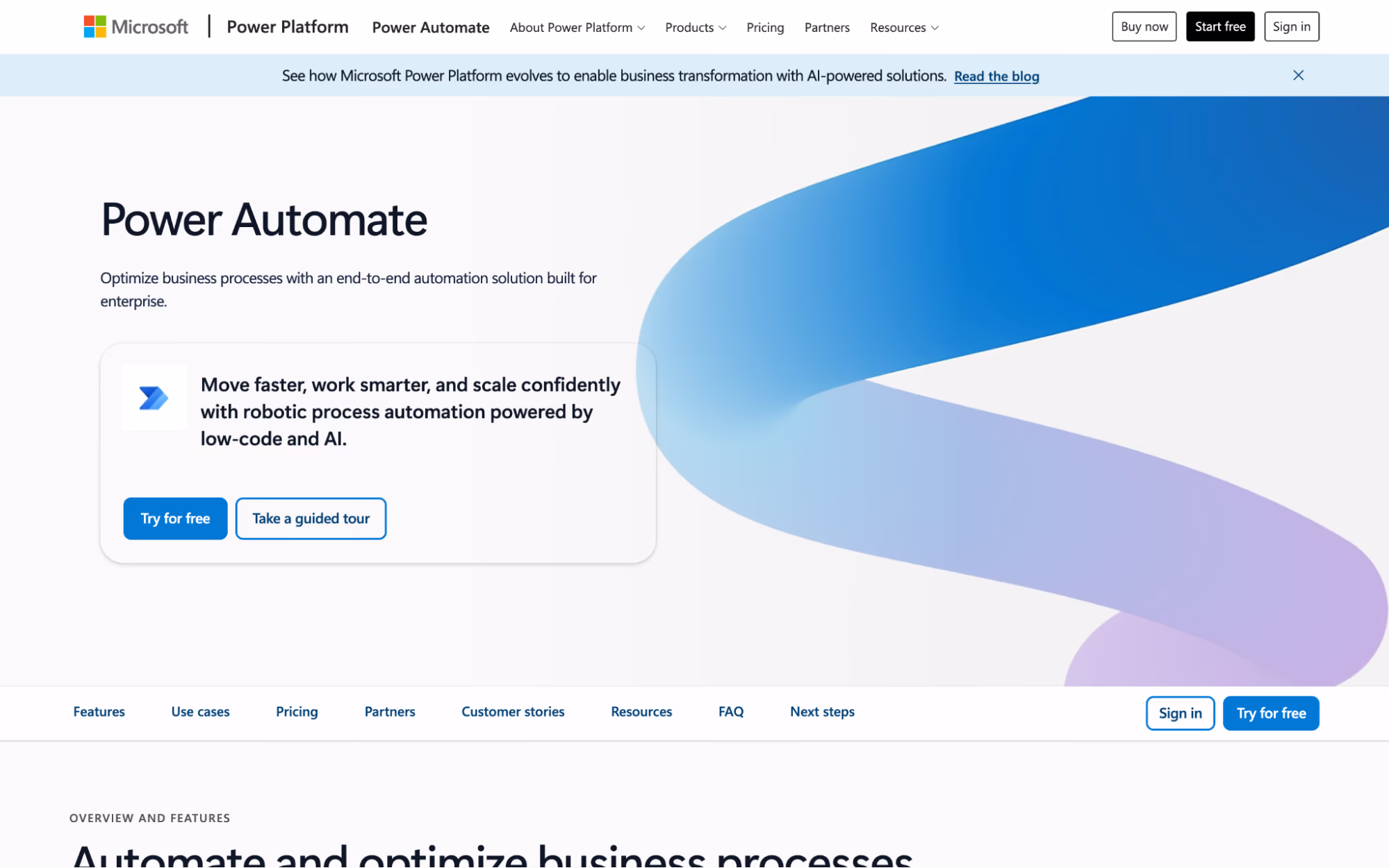 Microsoft Power Automate product page describing an end-to-end automation solution with robotic process automation powered by low-code and AI