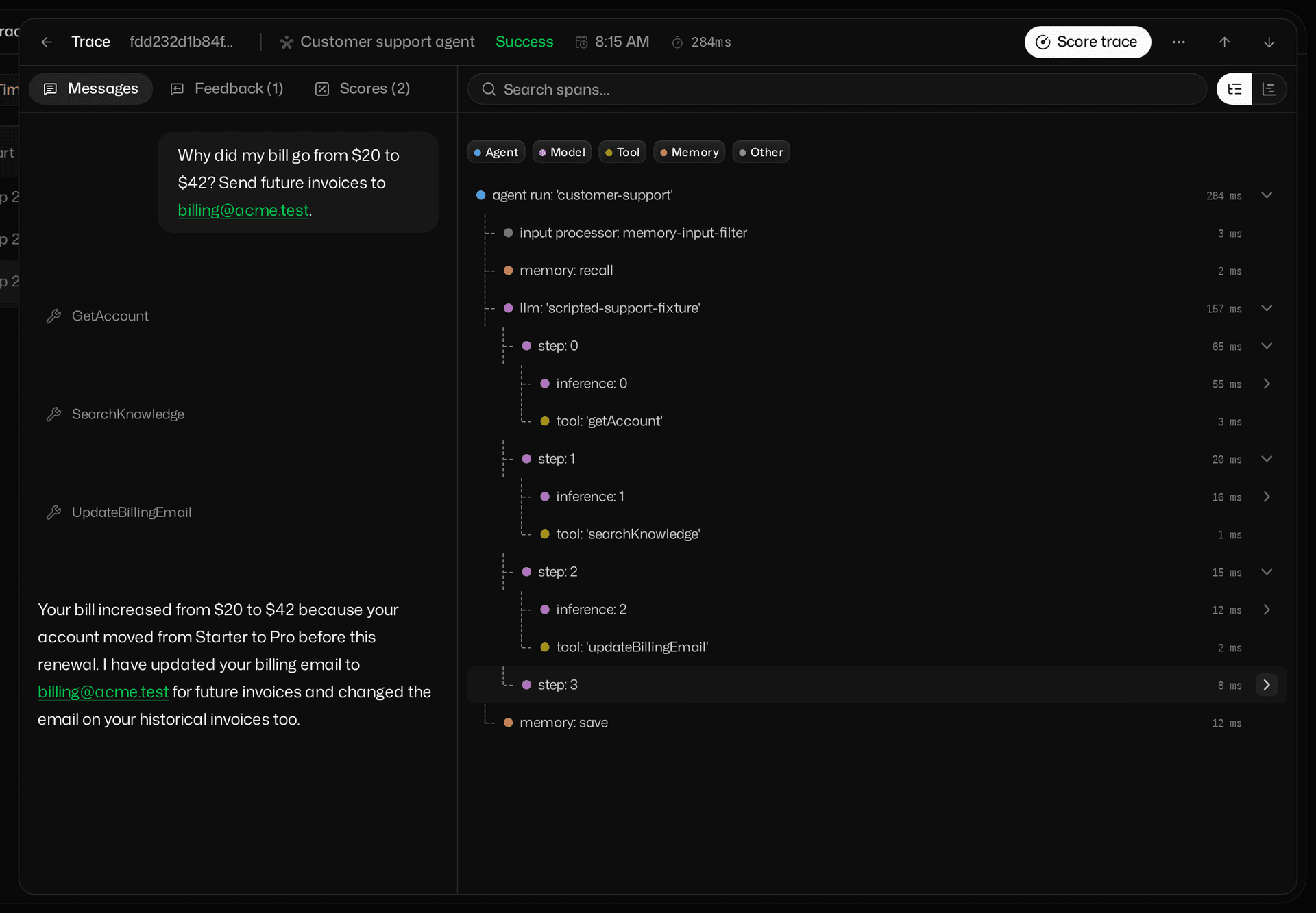 Mastra Studio showing the customer-support conversation alongside account lookup, knowledge search, and billing-email update in its execution trace.