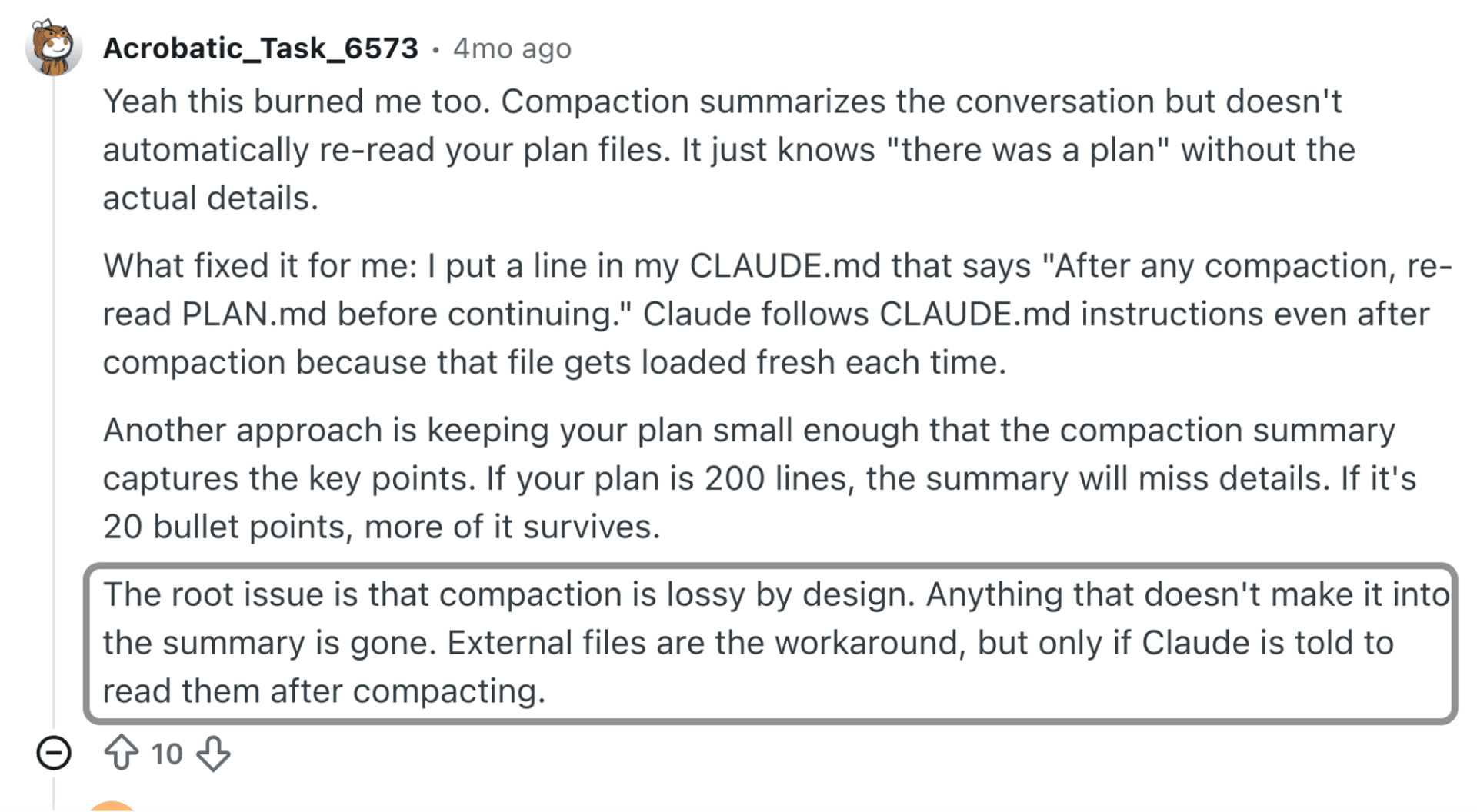 A Claude Code user describing how compaction drops the active plan