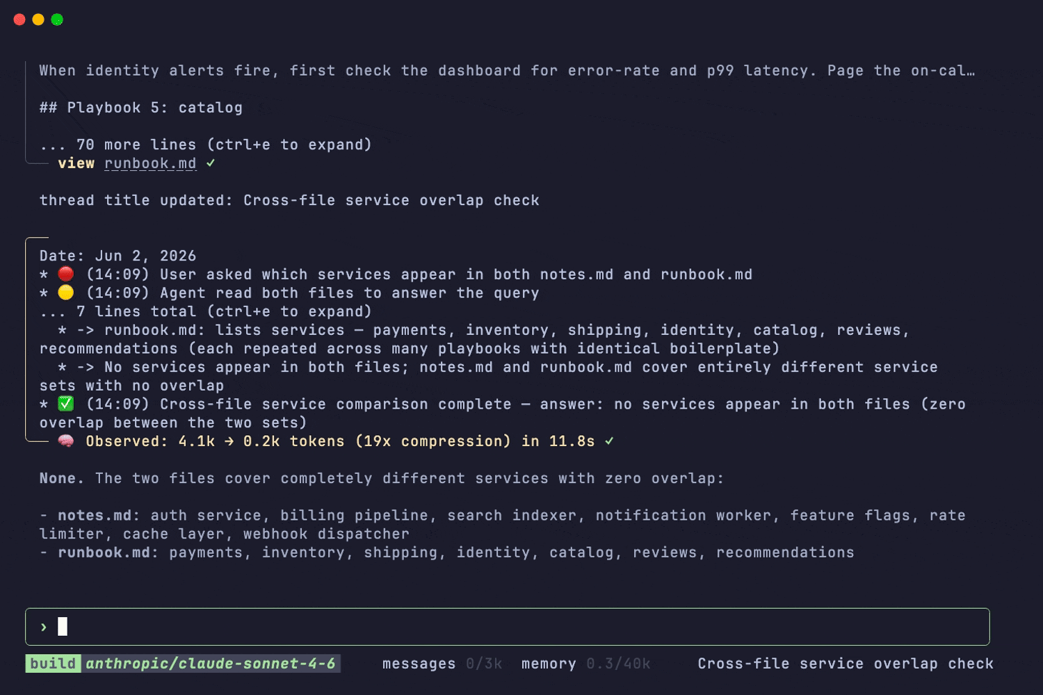 The observer compressing 4.2k tokens of context down to 0.1k