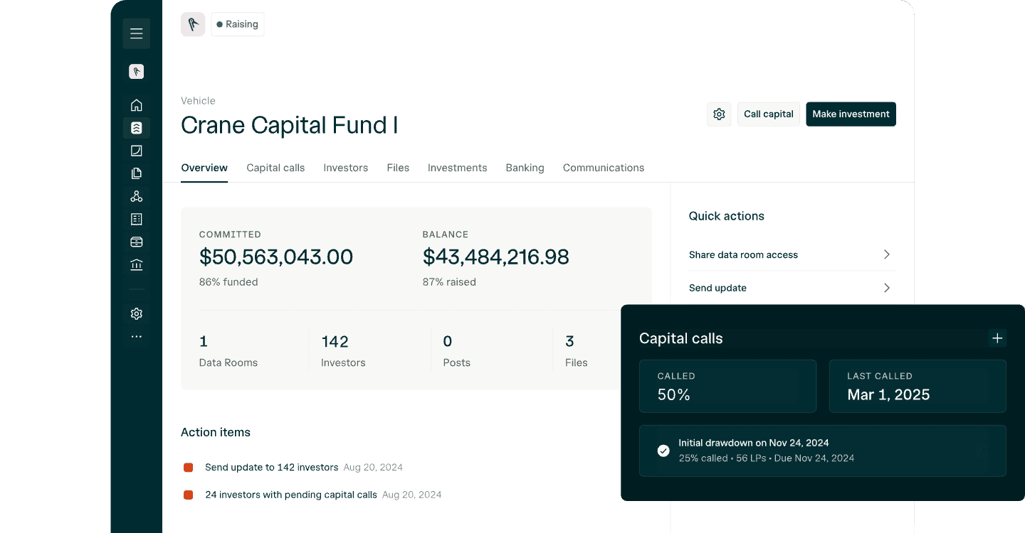 AngelList fund dashboard for Crane Capital Fund I, showing committed capital, balance, investors, action items, and capital call status