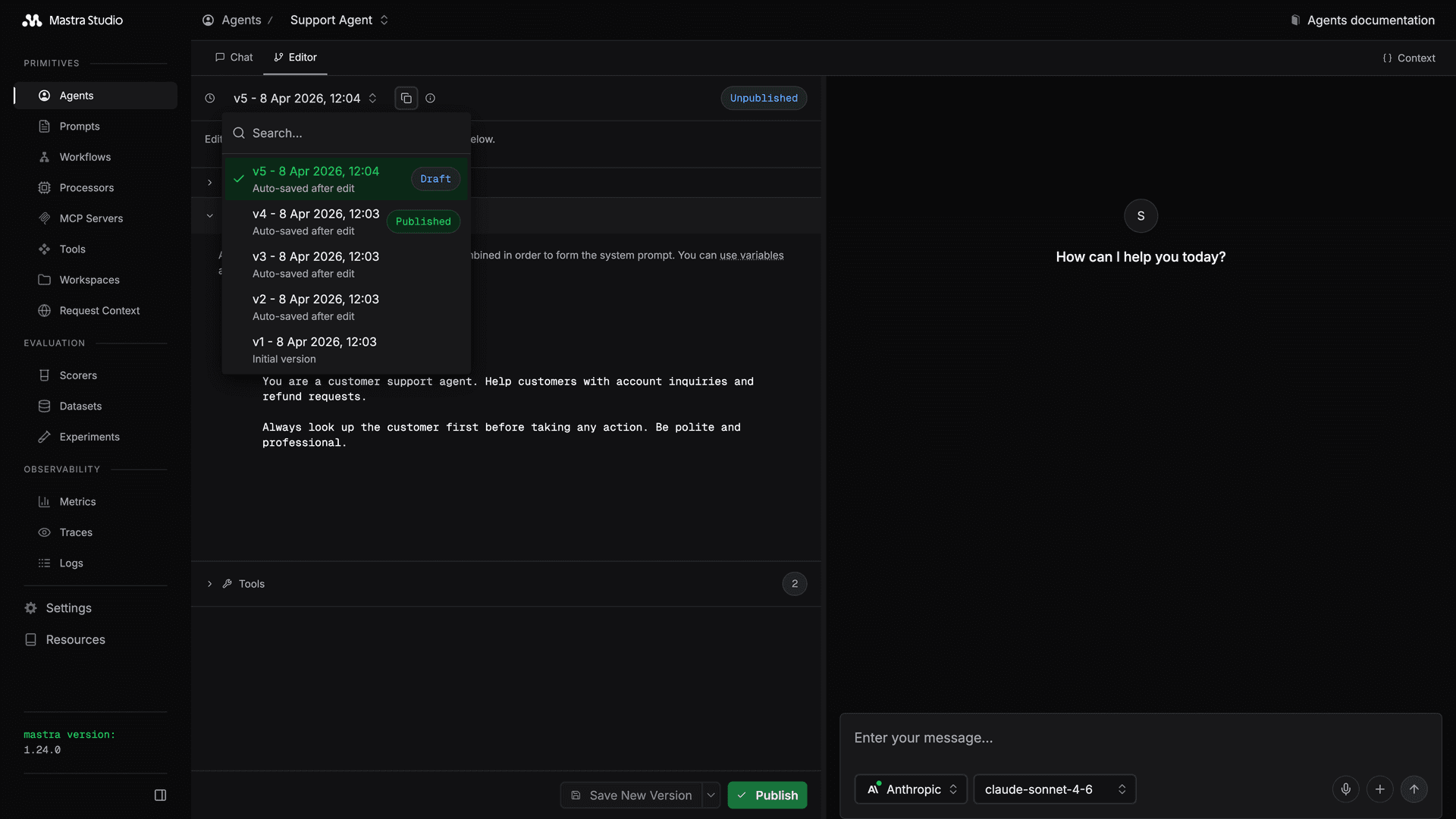 Studio Agent Version Panel
