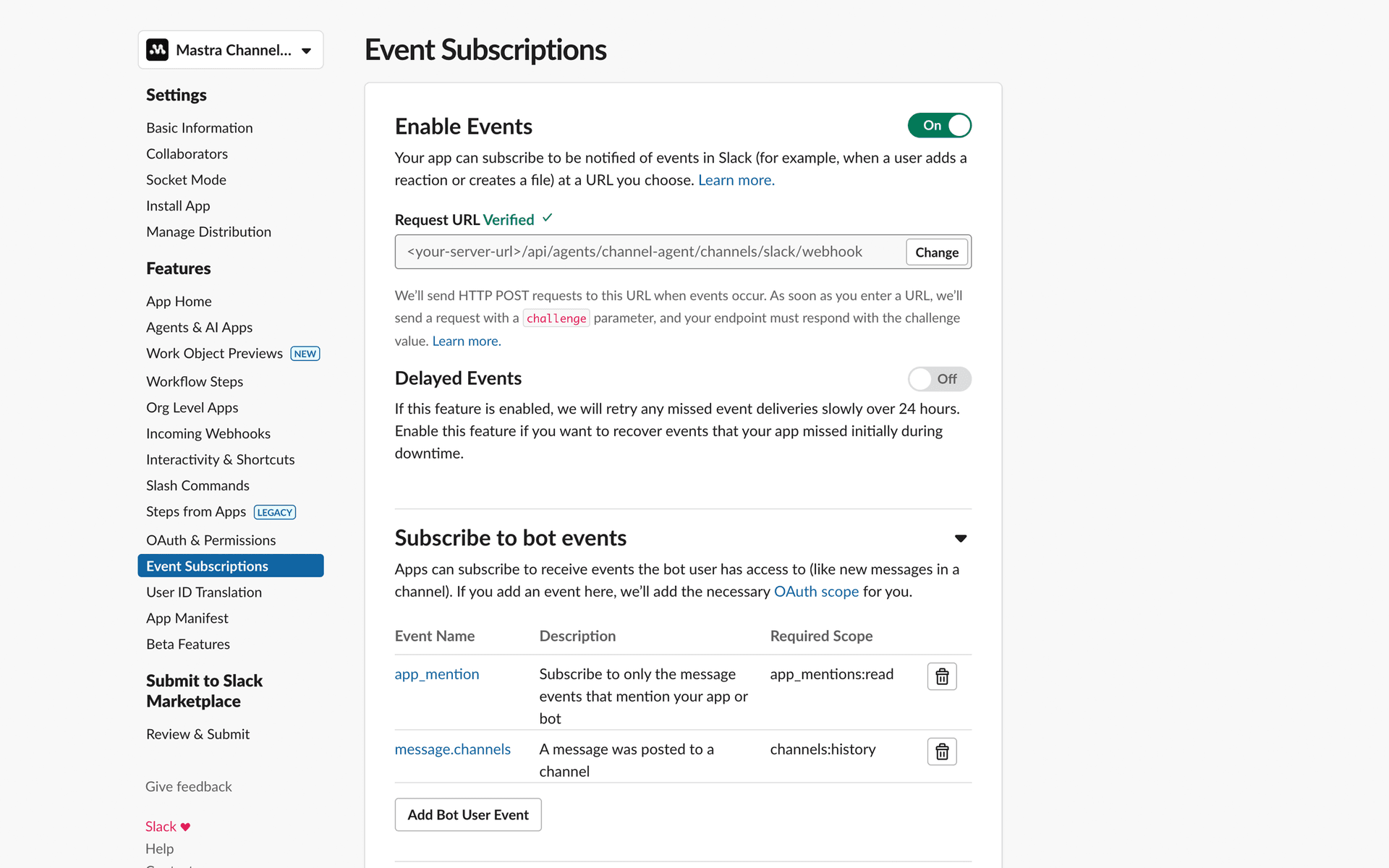 Screenshot of Slack app request URL