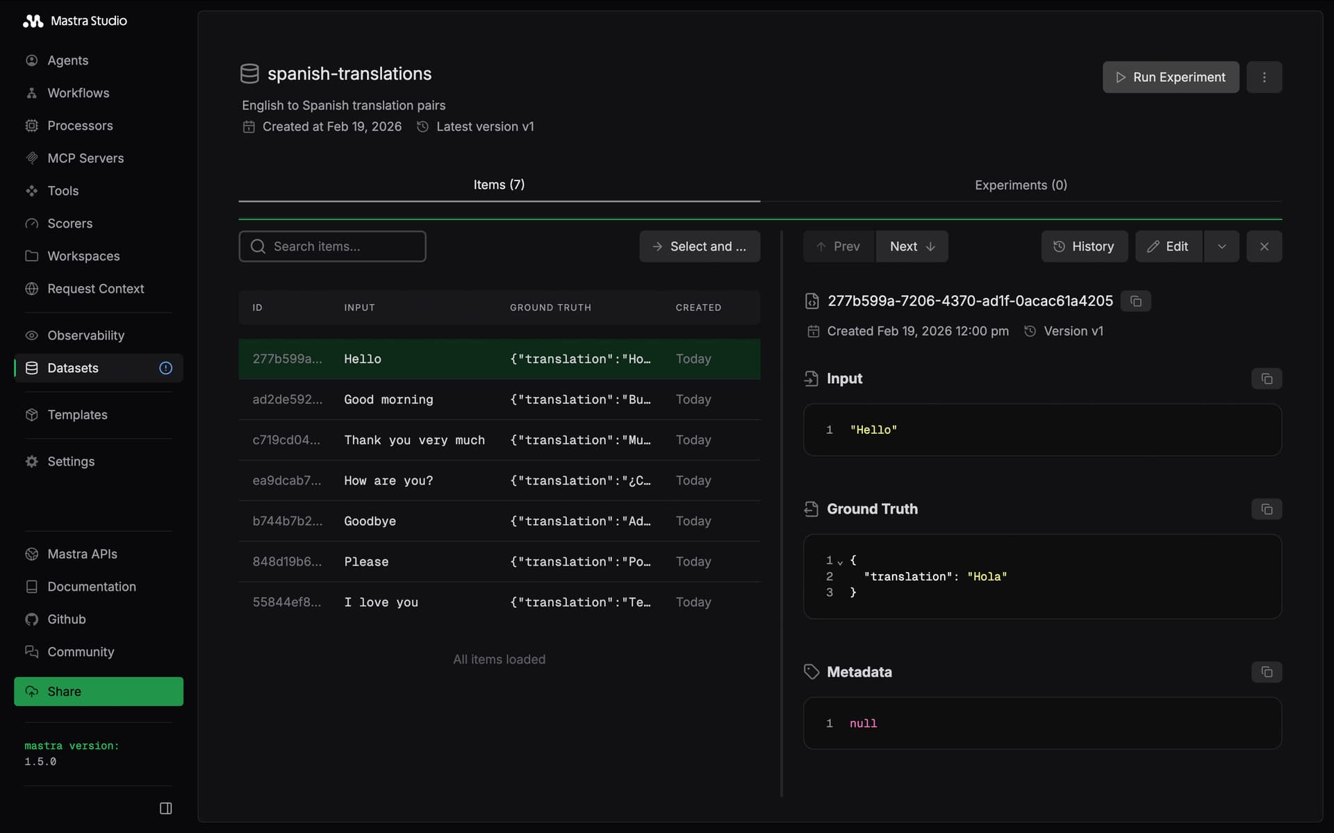 Datasets list in Mastra Studio