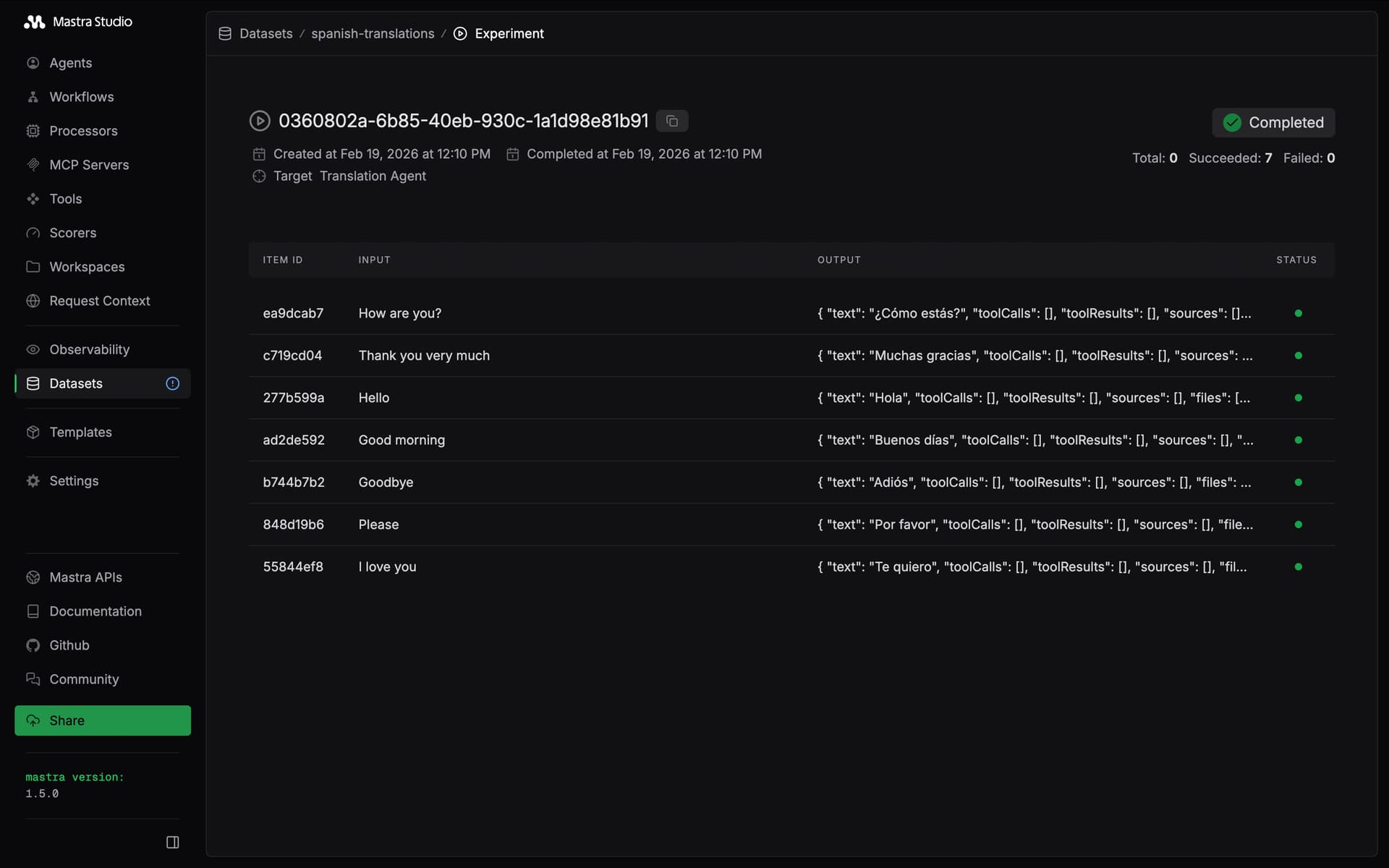 Running an experiment in Mastra Studio