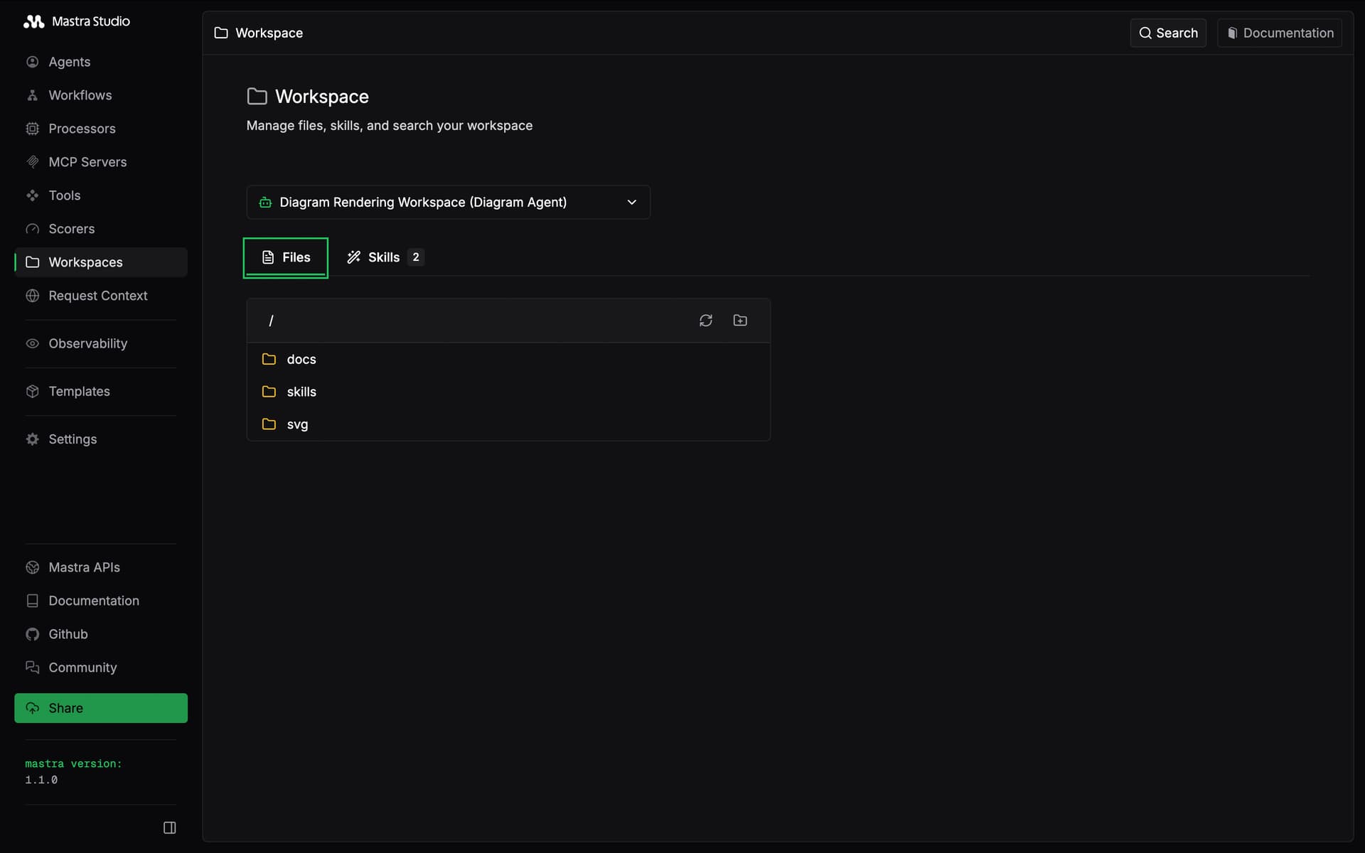 Screenshot of Mastra Studio Workspace file explorer