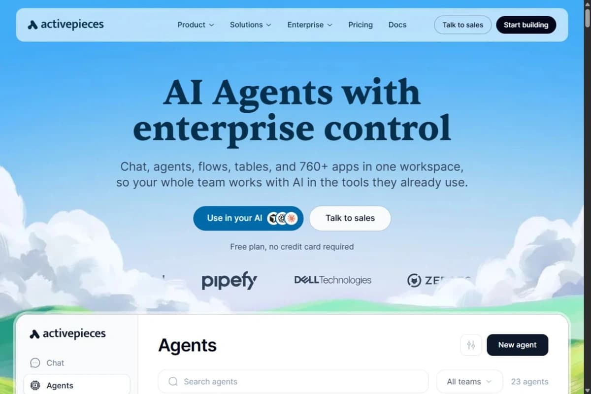 Activepieces homepage showing its AI agents and enterprise controls.
