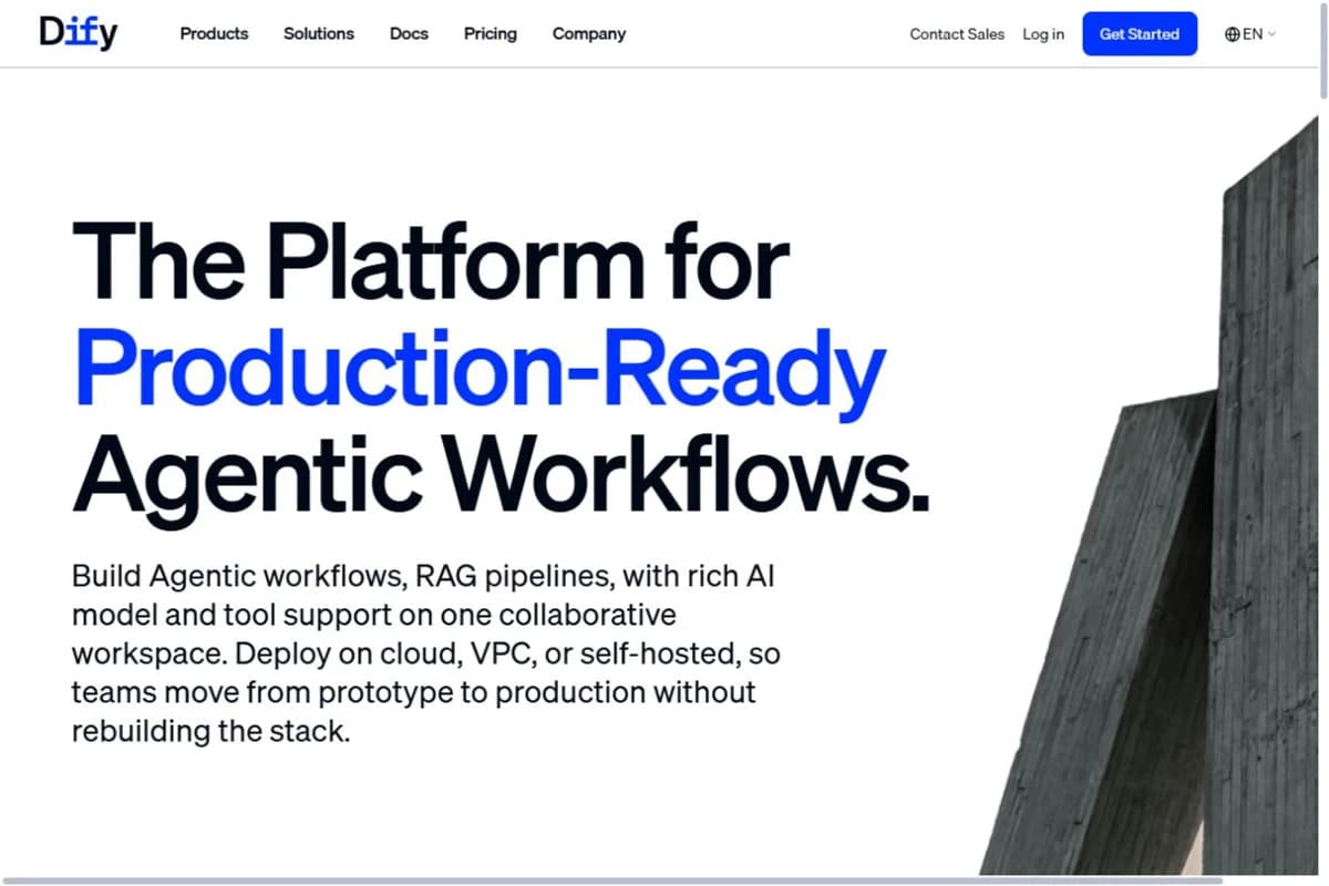 Dify homepage introducing its platform for AI workflows and knowledge retrieval.