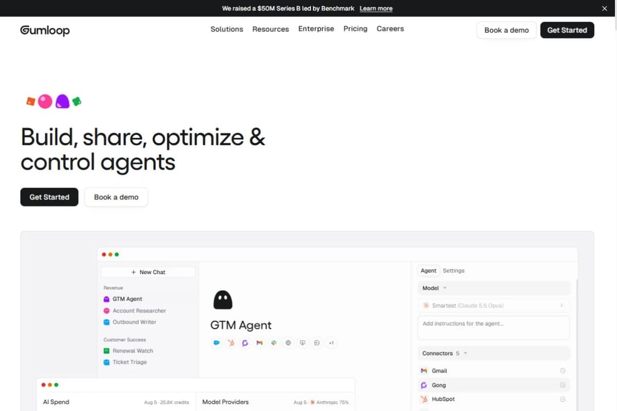 Gumloop homepage showing its AI agent builder and automation interface.