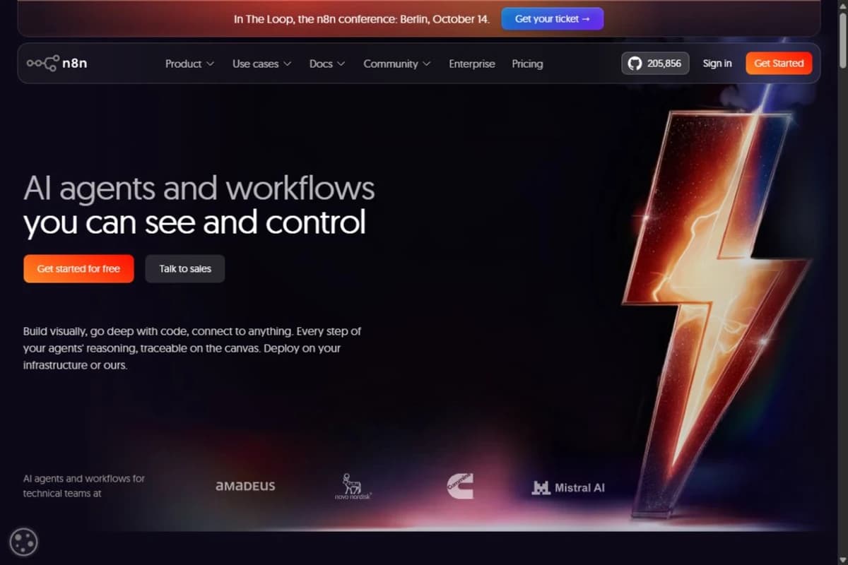 n8n homepage highlighting visual AI workflows, custom code, and deployment options.