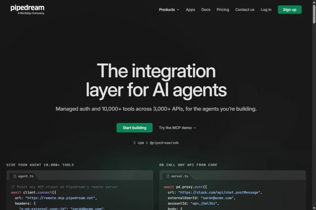 Pipedream homepage showing API integrations and tools for AI agents.