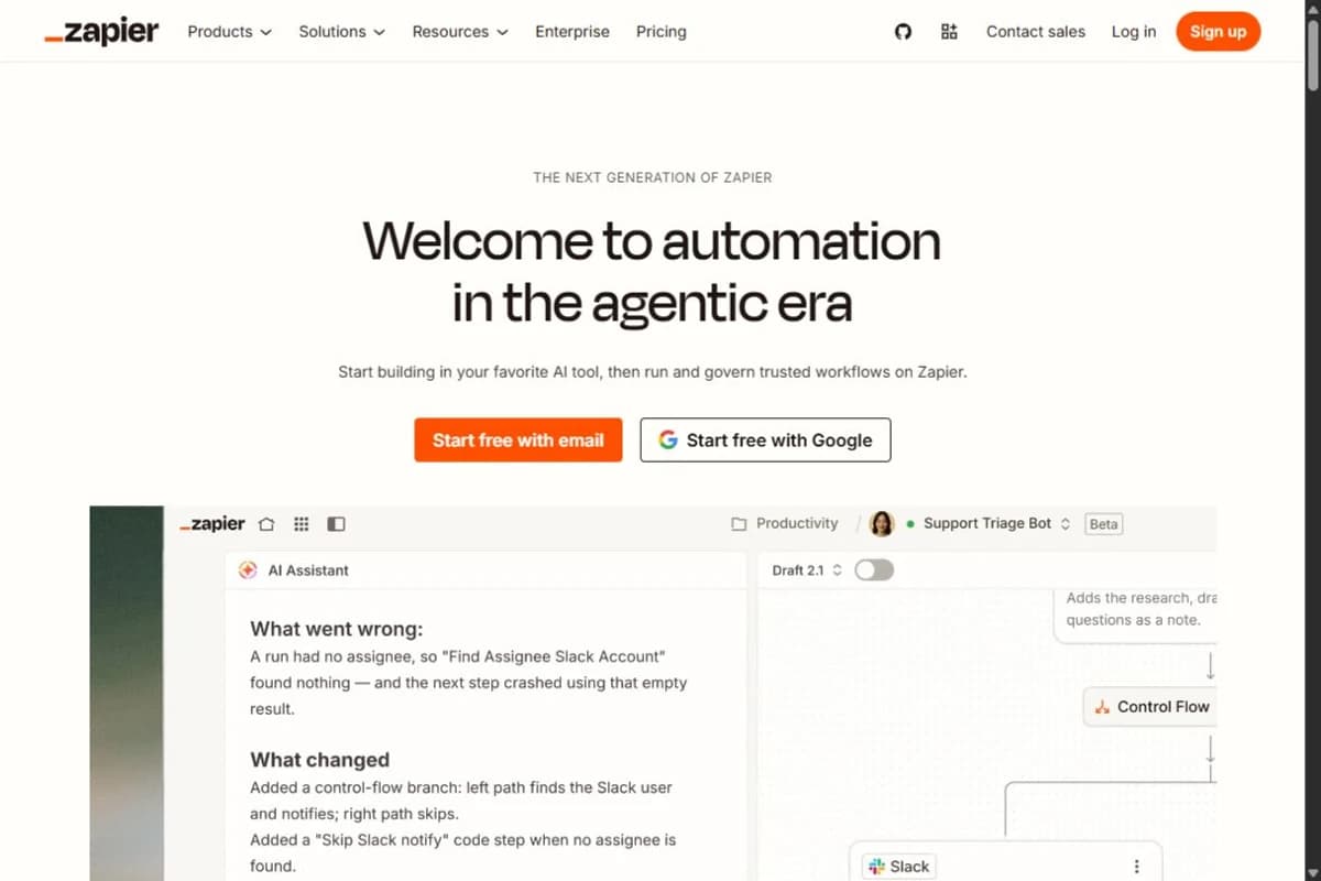 Zapier homepage introducing AI automation and connected app workflows.
