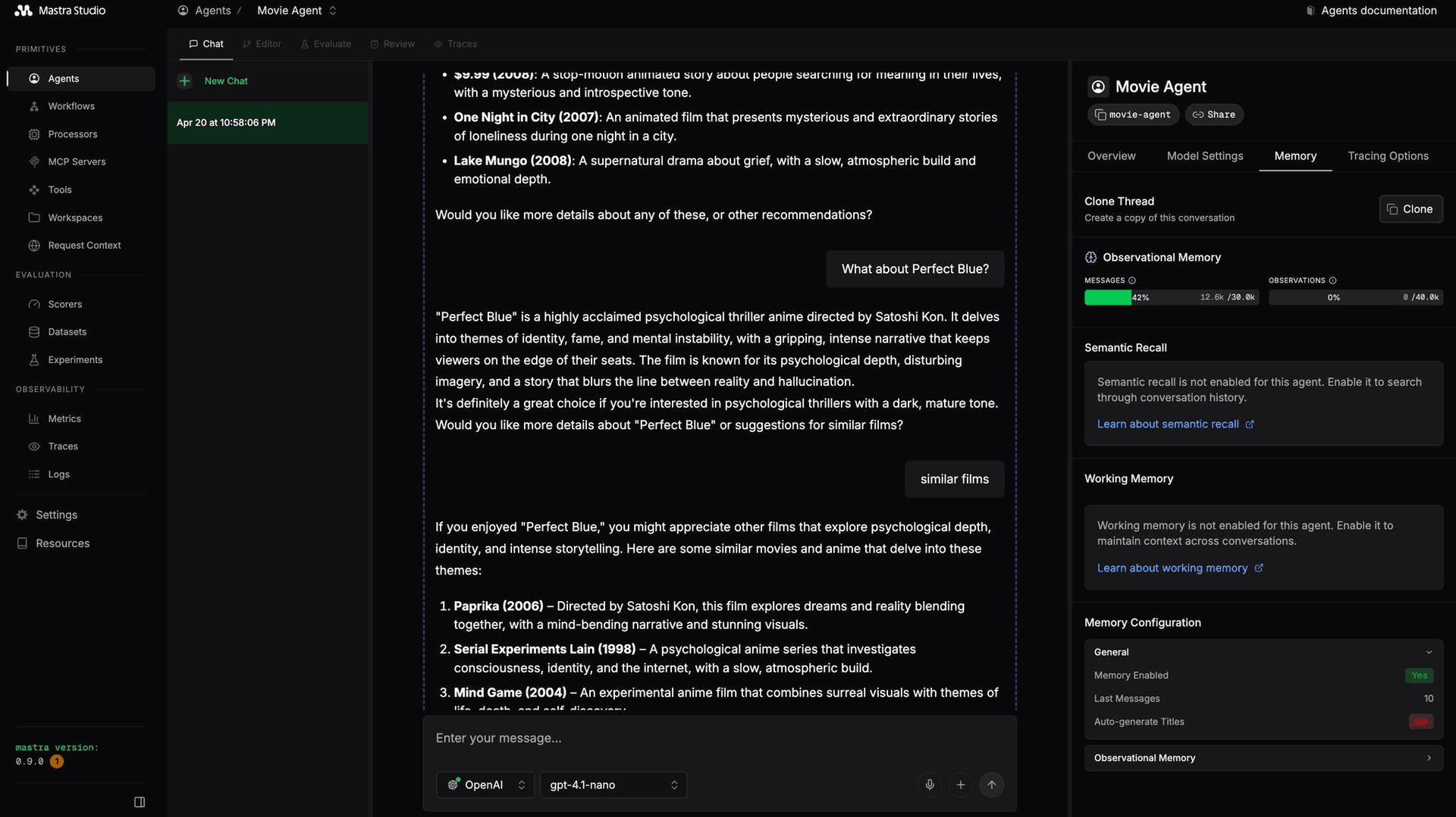 Mastra Studio showing the Movie Agent chat interface and configuration panel