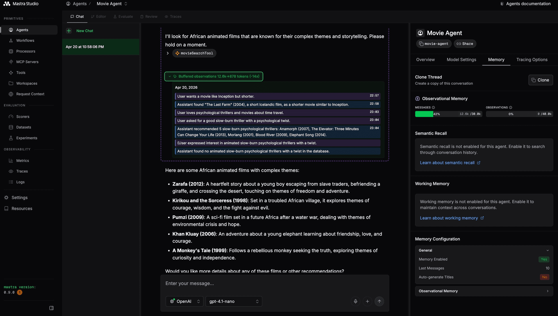 Observation log showing compressed user preferences after a follow-up query
