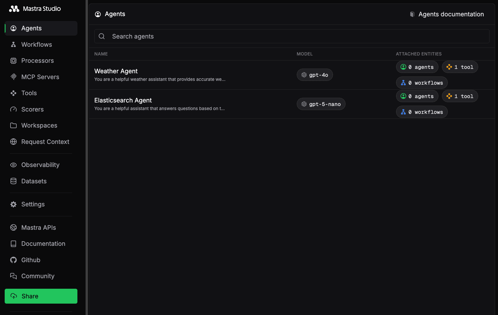 Mastra Studio showing the Elasticsearch Agent loaded with the vectorQueryTool and memory wired in