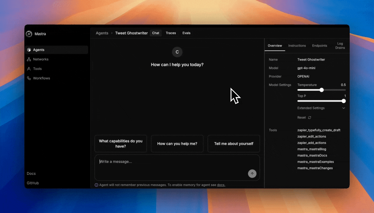 Model settings in Mastra local dev