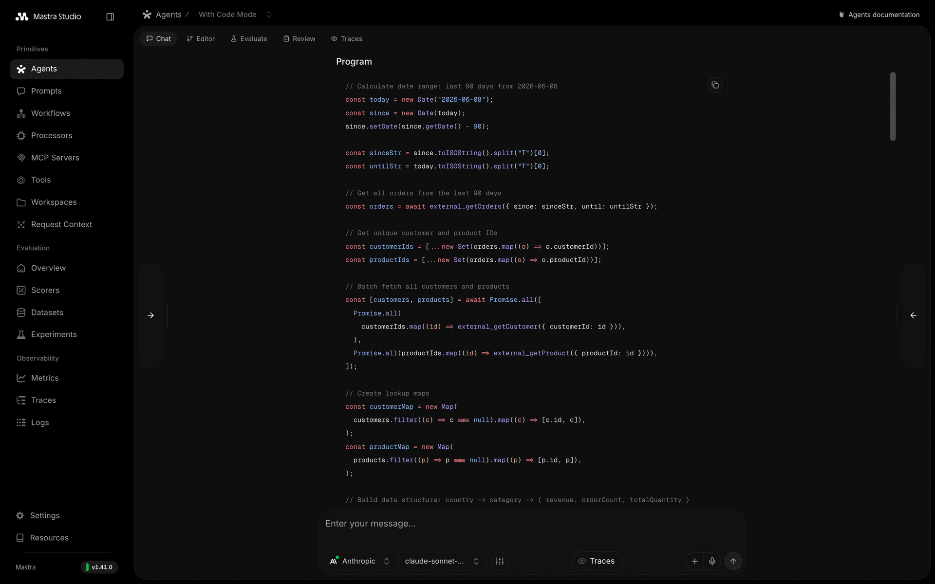 A generated code mode program in Mastra Studio